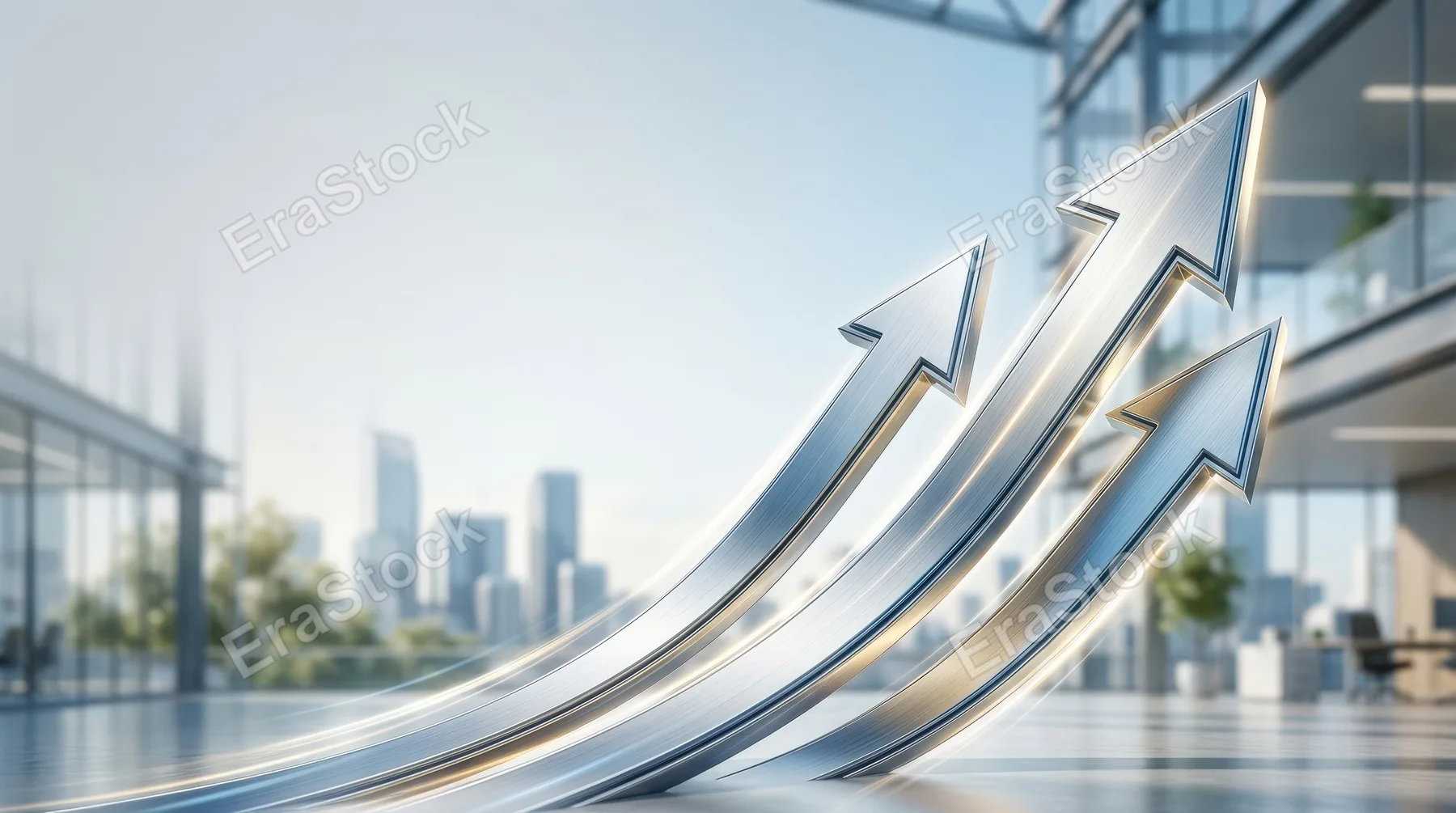 Three arrows pointing upward and forward with copy space, clean abstract composition, symbolizing growth, progress, success and future direction, polished business mood, ultra-realistic, no logos.