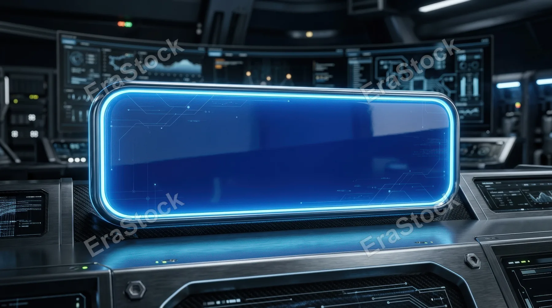 A glossy rounded blue rectangle panel with gentle glow, minimal abstract technology styling and polished UI banner appearance, ultra-realistic, no logos.