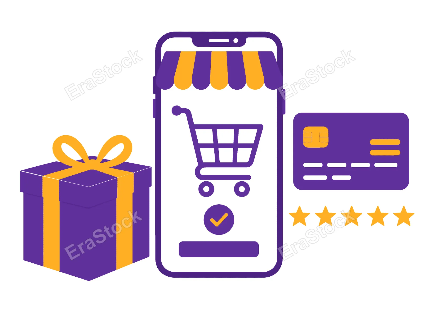 A mobile phone displays a shopping cart icon, symbolizing e-commerce, alongside a gift box and credit card for purchases