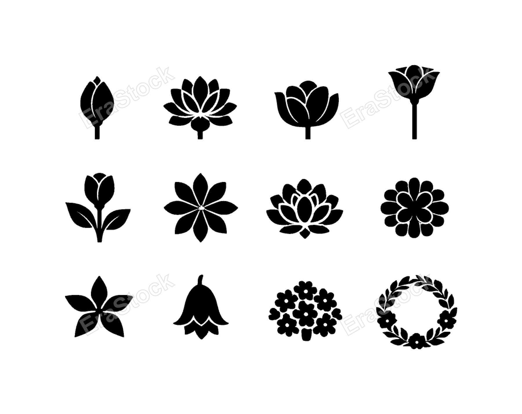 Botanical floral silhouettes: flower bud, blooming flower, half open blossom, flower with long stem, flower with leaves, symmetrical petal flower, layered petal blossom, circular