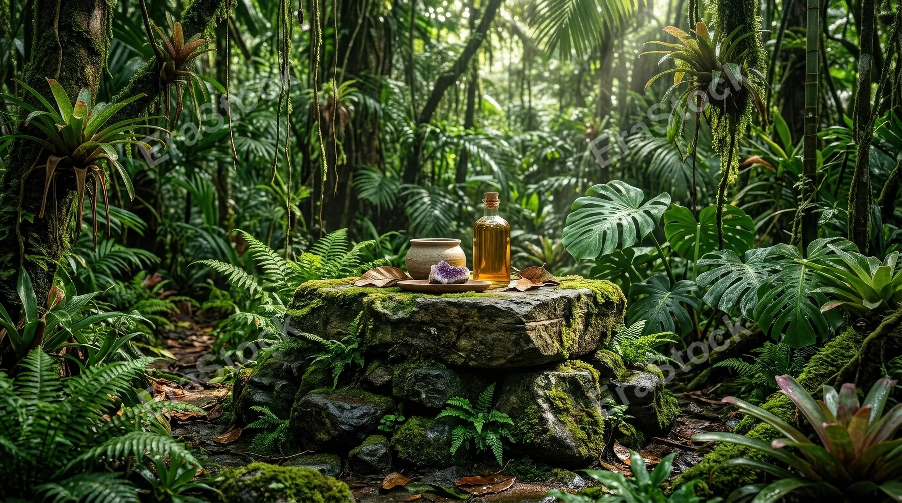 A rugged stone podium set deep in a tropical forest for product display, mossy textures, lush foliage, filtered sunlight and humid exotic atmosphere, ultra-realistic, no logos.