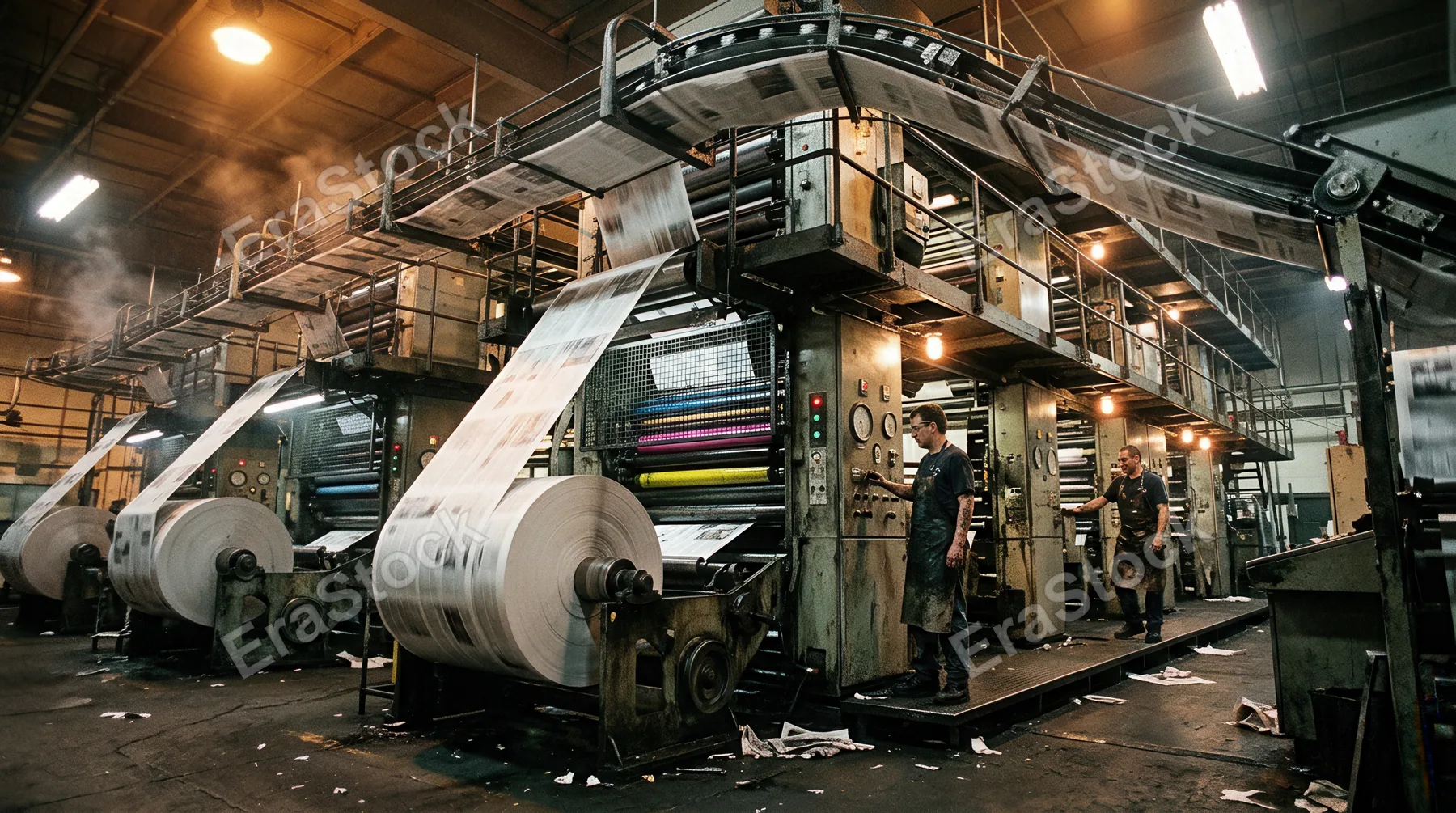 A newspaper printing press floor photographed mid-run from a low angle, enormous paper rolls feeding into thundering press units that fill the frame top to bottom, cyan