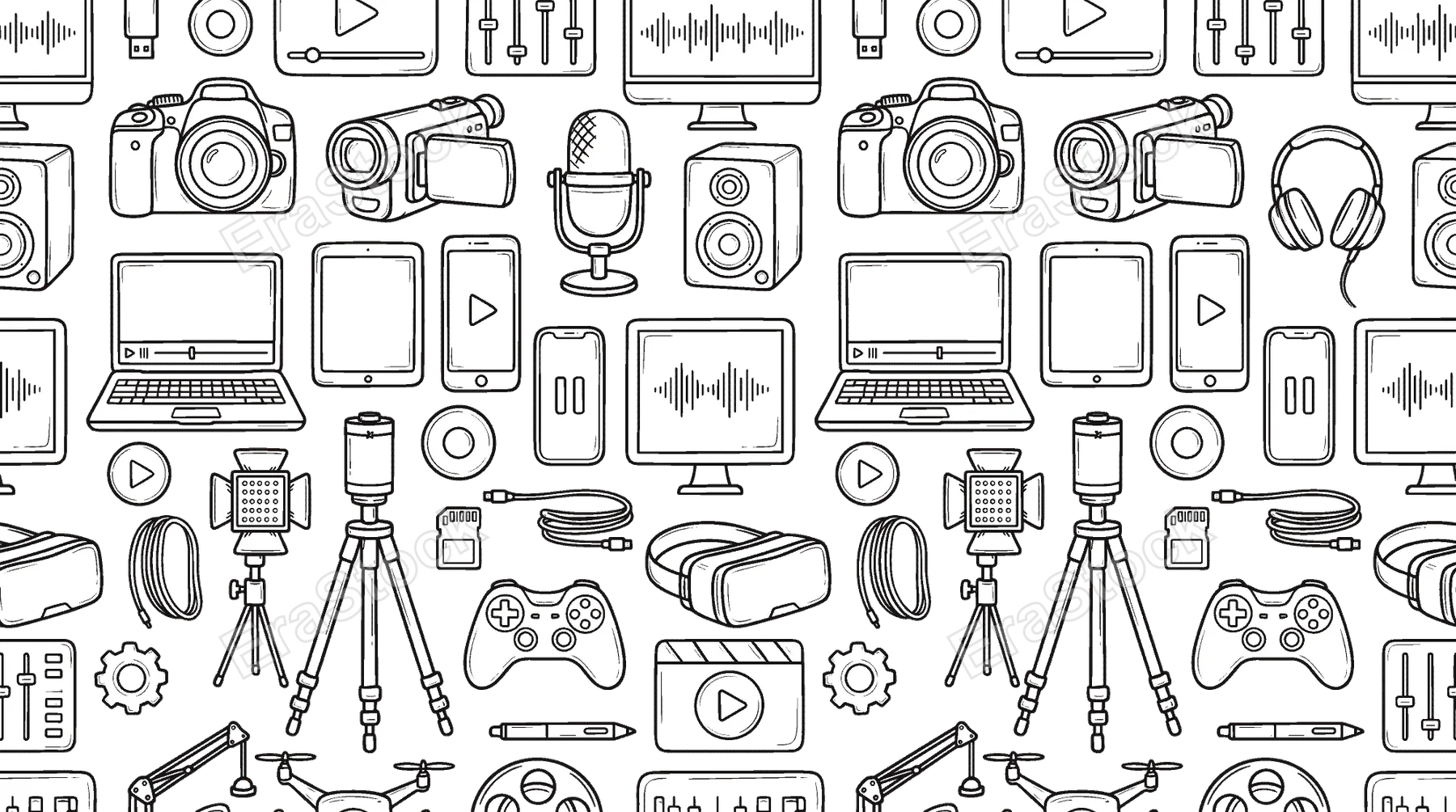 Digital media production and entertainment technology concept focused on content creation, recording, and multimedia devices used in modern creative industries. Objects of camera,