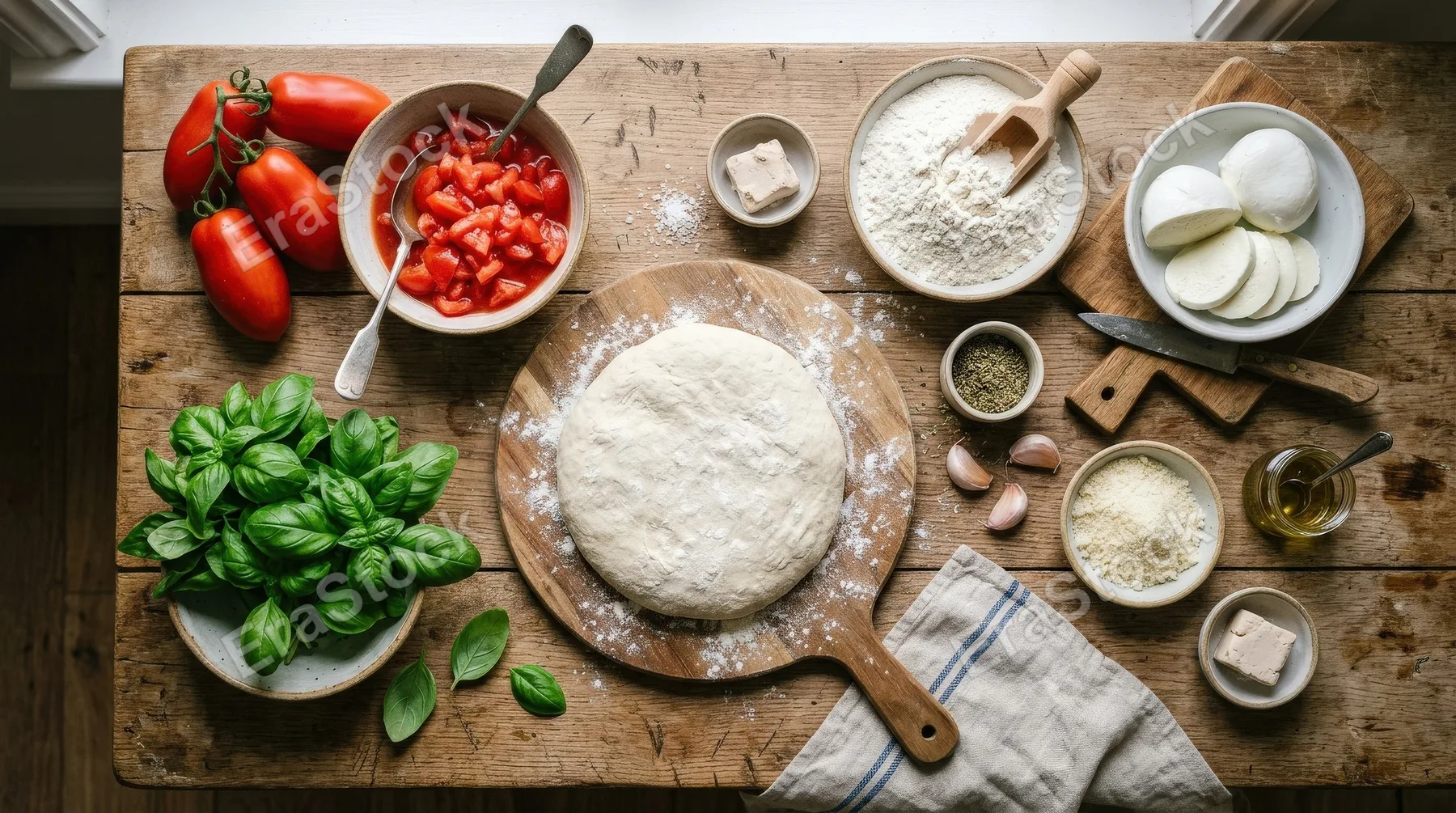 Raw ingredients for making pizza arranged overhead, fresh tomatoes, basil, flour, cheese and dough on a rustic surface, natural kitchen light, artisanal cooking atmosphere, ultra-realistic, no logos.