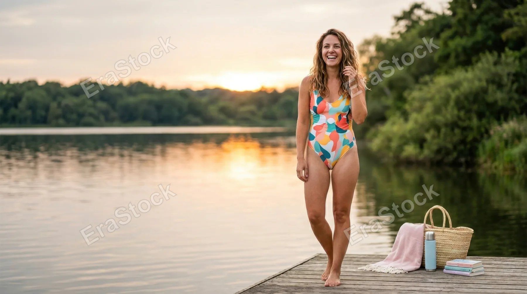 a bold composition of the travel blogger in her vibrant swimsuit, playfully smiling as she stands by the calm lake. the lush surroundings and pastel picnic accessories