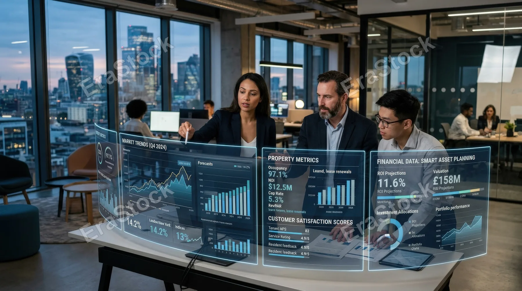 Real estate analysts reviewing property metrics, market trend charts, satisfaction scores and financial data on layered screens, modern office mood focused on smart asset planning, ultra-realistic, no