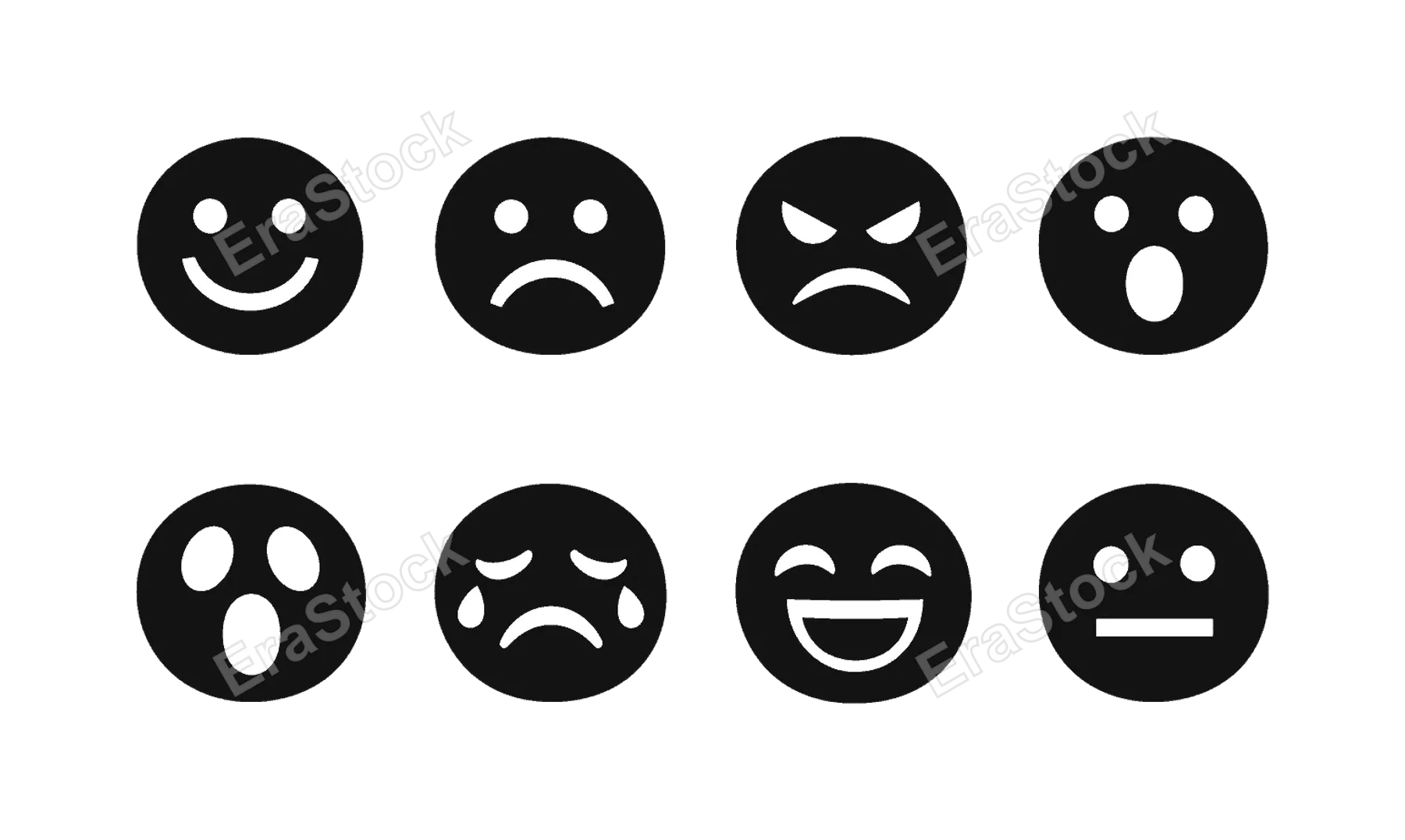 Basic emotions: happy face, sad face, angry face, surprised face, scared face, crying face, laughing face, neutral face.