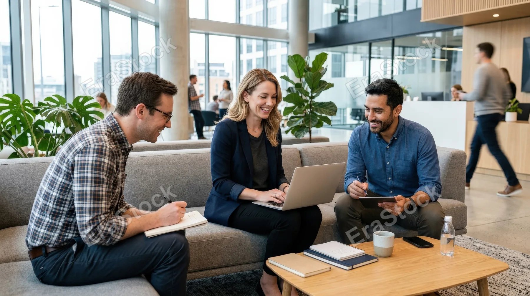 Smiling female business expert using a laptop while sitting with male colleagues in a tech office lobby, modern lounge furniture, casual teamwork, bright contemporary atmosphere, ultra-realistic, no