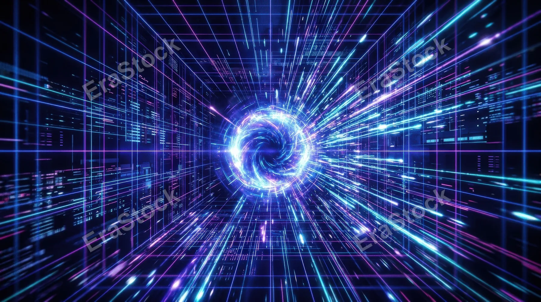 An AI quantum tunnel with a 3D neon grid, blue-purple portal perspective and laser-like particle burst, cinematic cyber atmosphere, ultra-realistic, no logos.