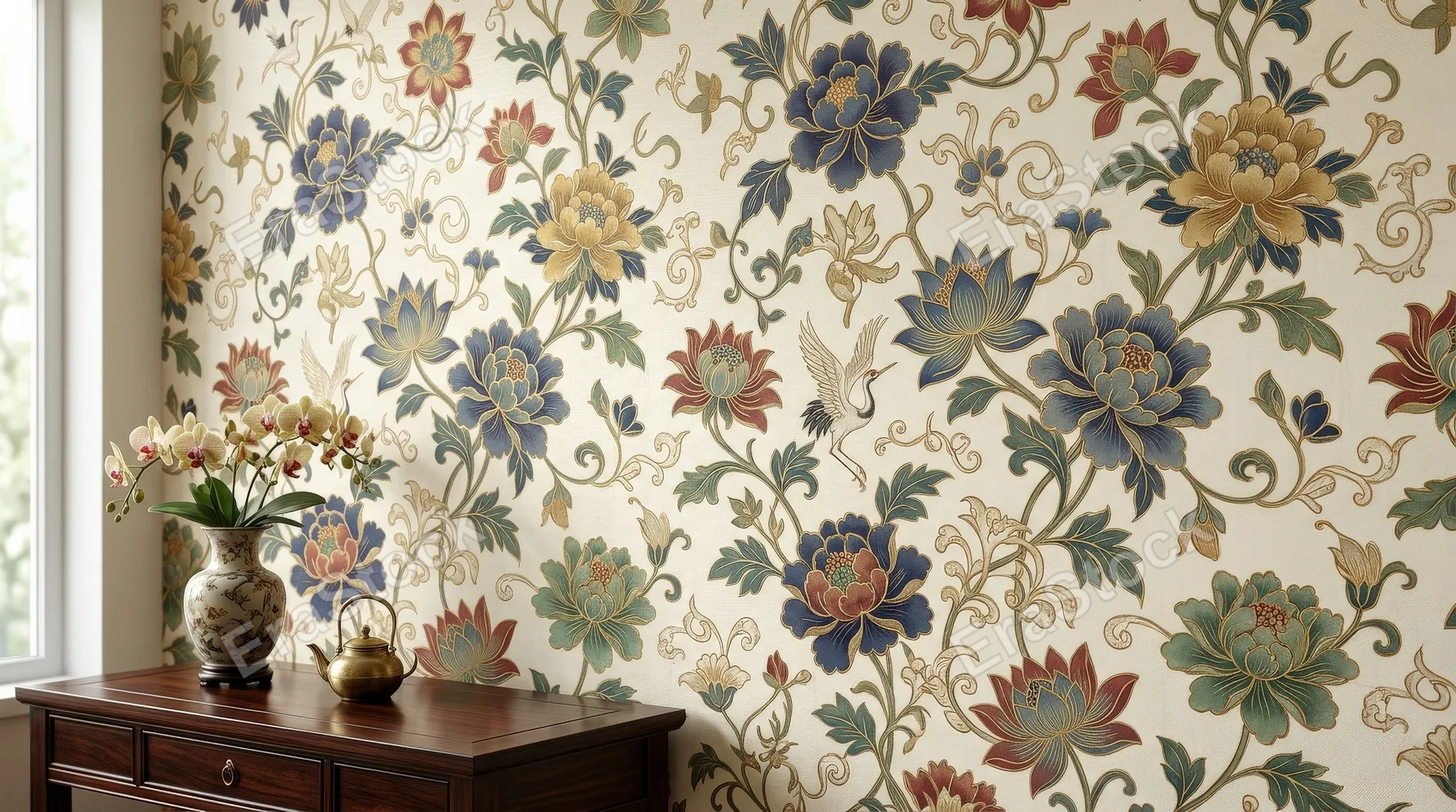 Oriental floral ornament pattern with decorative leaves and stylized blooms, elegant Asian-inspired seamless wallpaper in a refined classic mood, ultra-realistic, no logos.