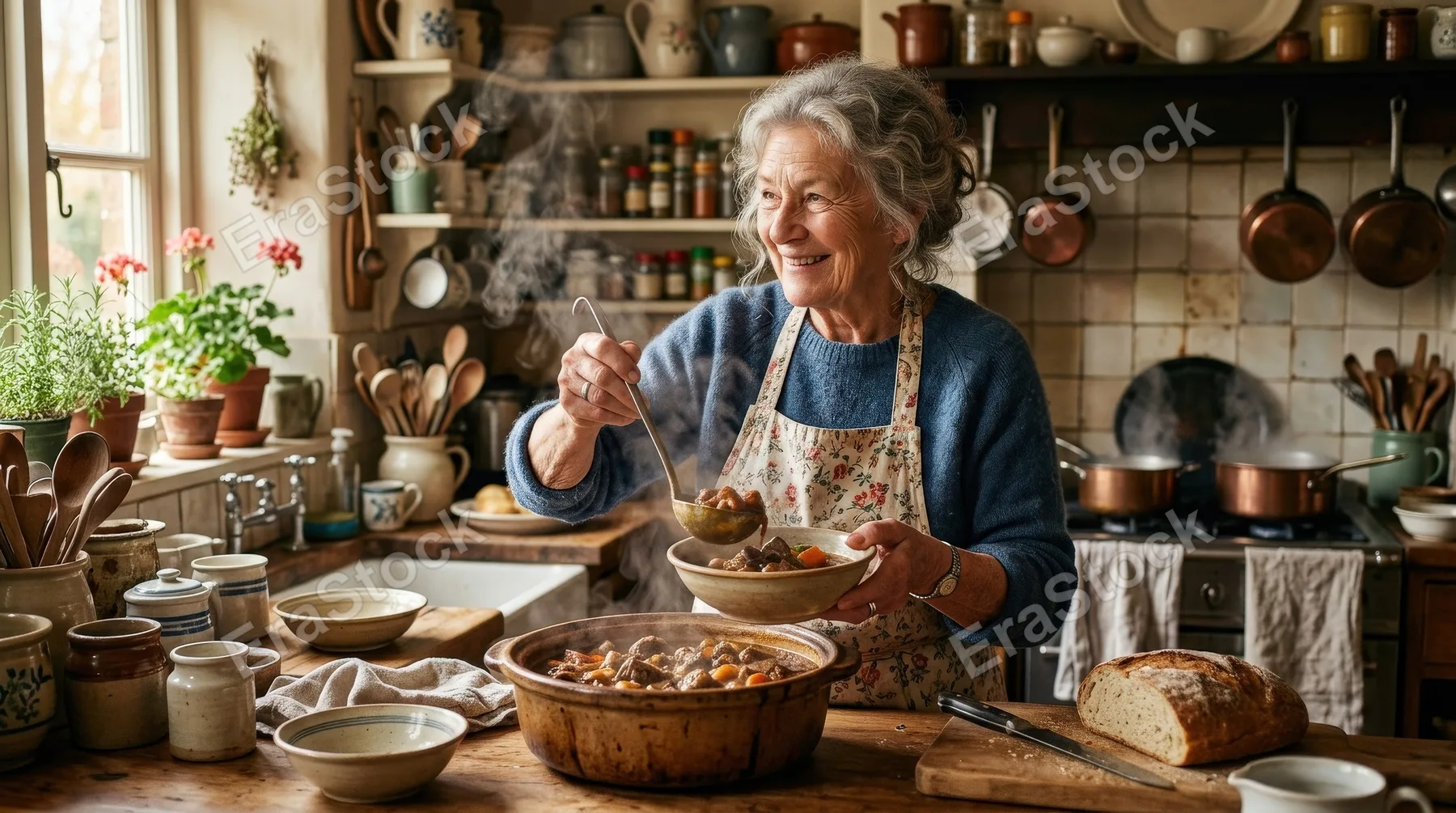 An older woman serving food in the kitchen, steaming dishes, warm domestic light, gentle smile and lived-in details, comforting homestyle atmosphere, ultra-realistic, no logos.