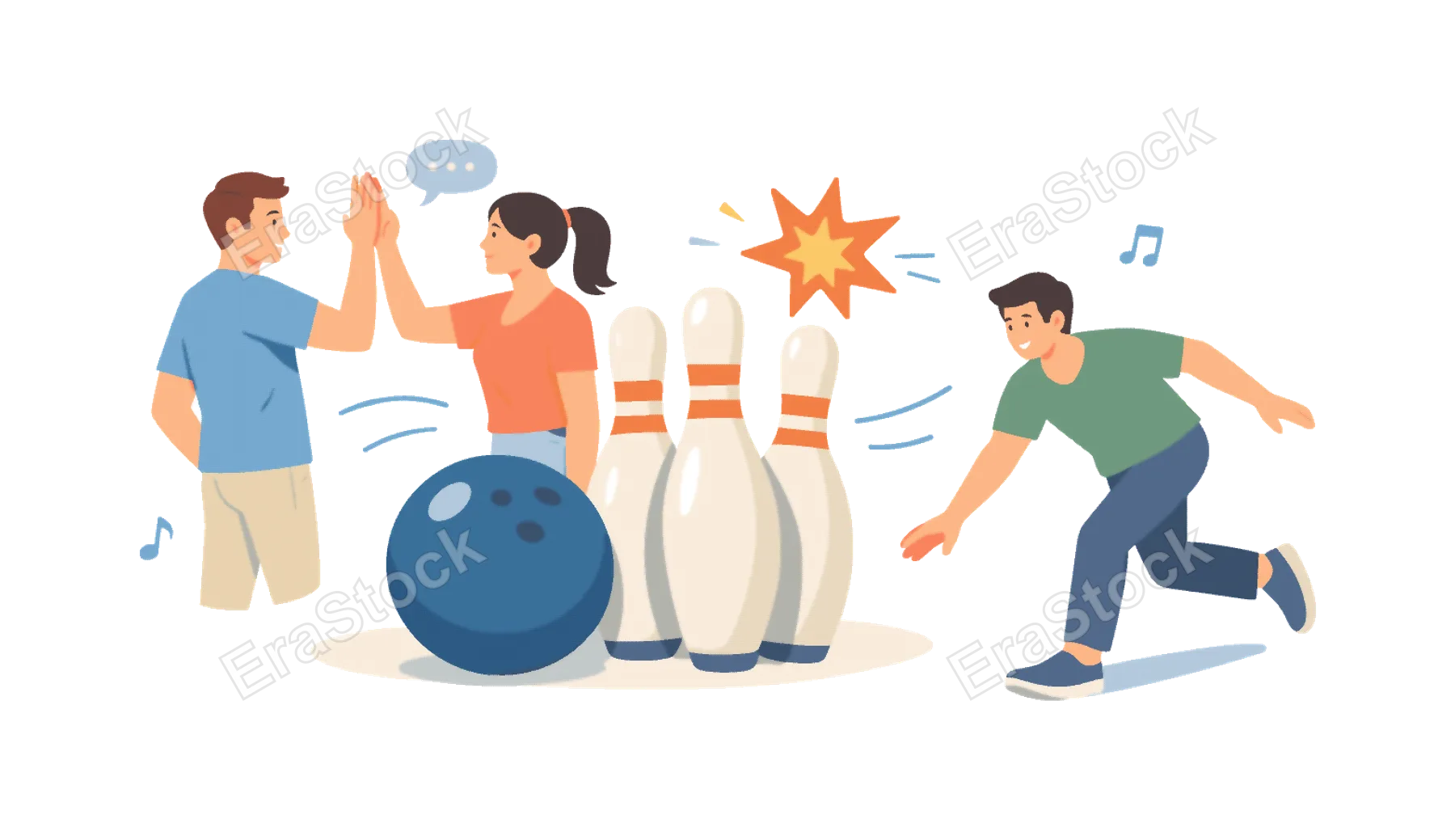 A recreational sports illustration theme representing bowling as a fun social game enjoyed in leisure venues and community gatherings, represented with doodle style bowling pins, a