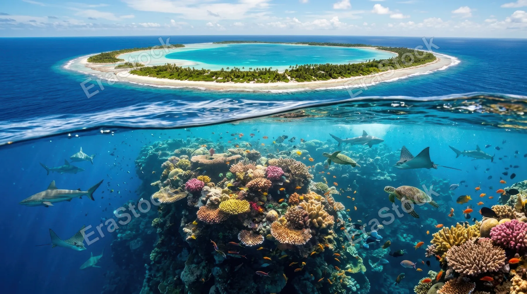 A cross-section diagram made physical, showing a living coral atoll from aerial view above transitioning seamlessly into an underwater cutaway below the waterline, above