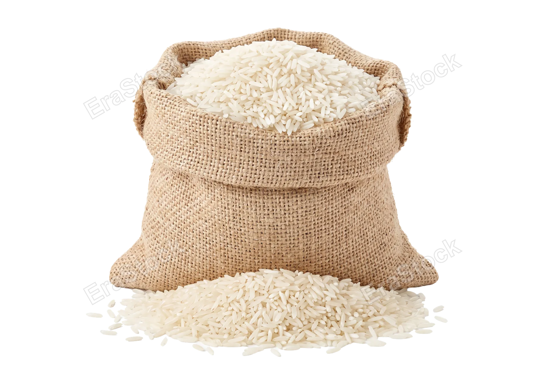 Overflowing burlap sack of long-grain white rice with grains spilling onto surface, coarse fabric texture visible, warm beige and cream tones, isolated on pure