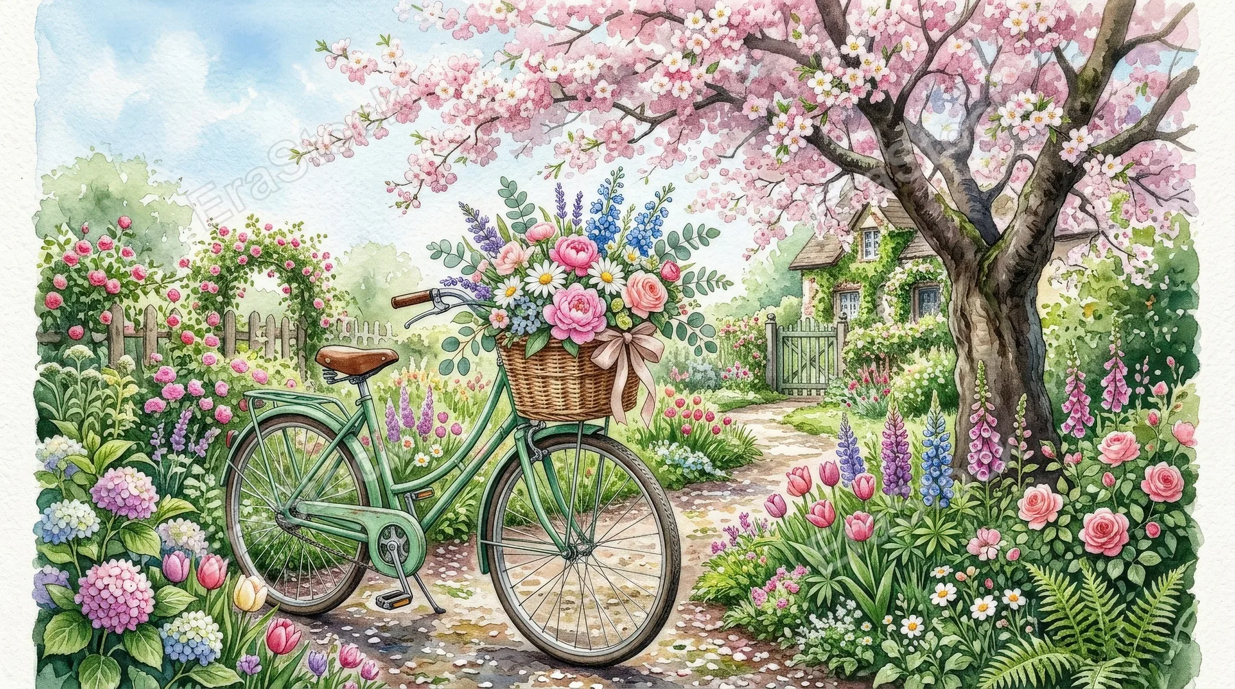 A floral watercolor set with green bicycle, wicker basket, blossom tree, flowers and plants, charming garden story, fresh spring romance, ultra-realistic, no logos.