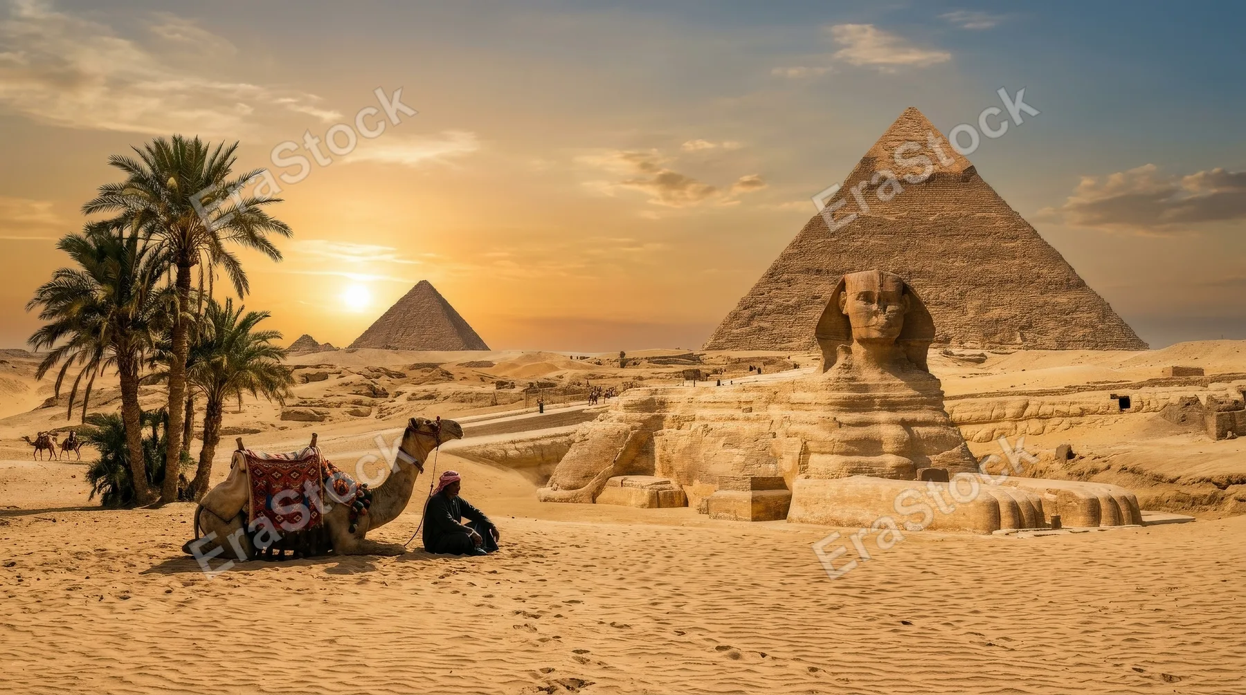 The Egyptian pyramids and Sphinx in a scenic desert landscape with a camel and palm tree, warm sand light, timeless travel atmosphere, ultra-realistic, no logos.