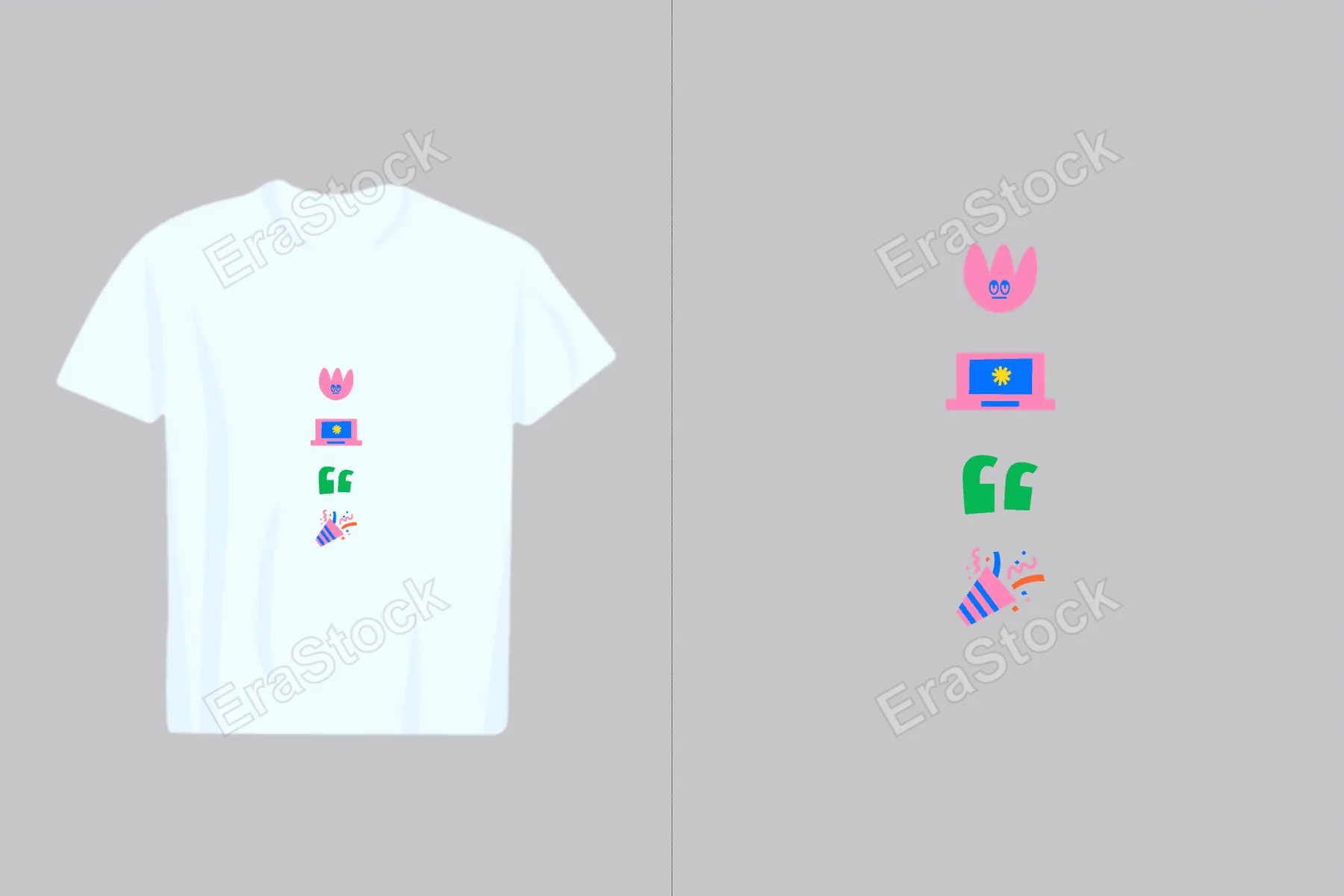 A white t-shirt displays a vertical arrangement of playful, colorful cartoon icons, with the same icons shown separately on a gray backdrop