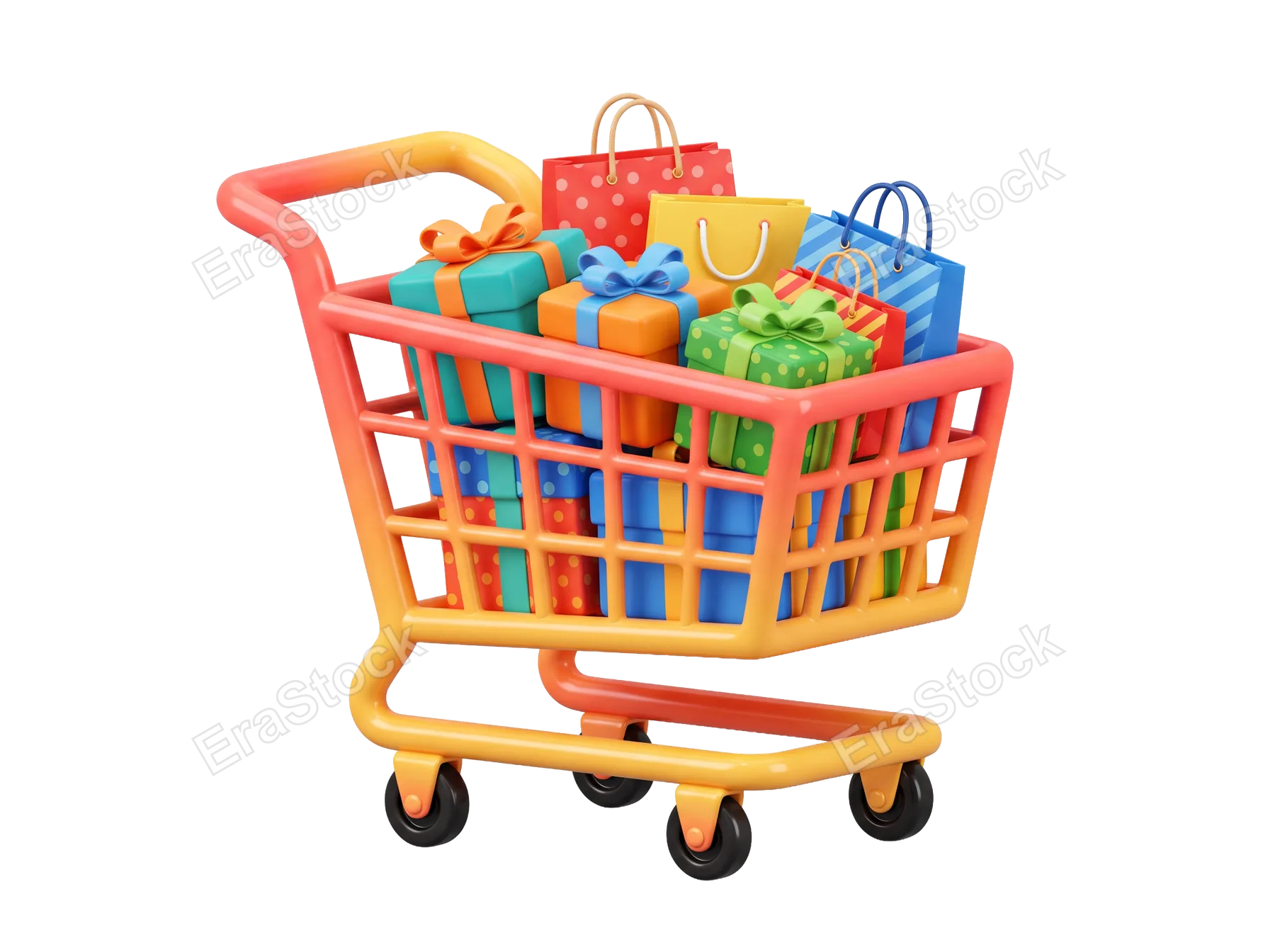 A vibrant 3D render of a grocery cart filled with presents and retail bags, symbolizing consumerism and purchases