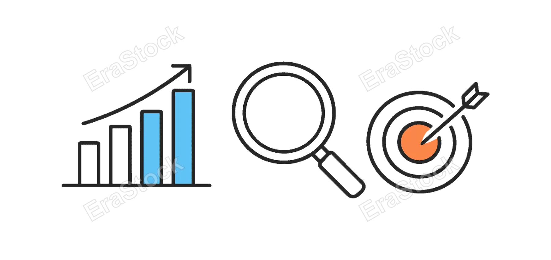 Strategic business decision making and performance evaluation in a modern corporate workflow, a simple dashboard style bar chart placed beside a magnifying glass and a small target