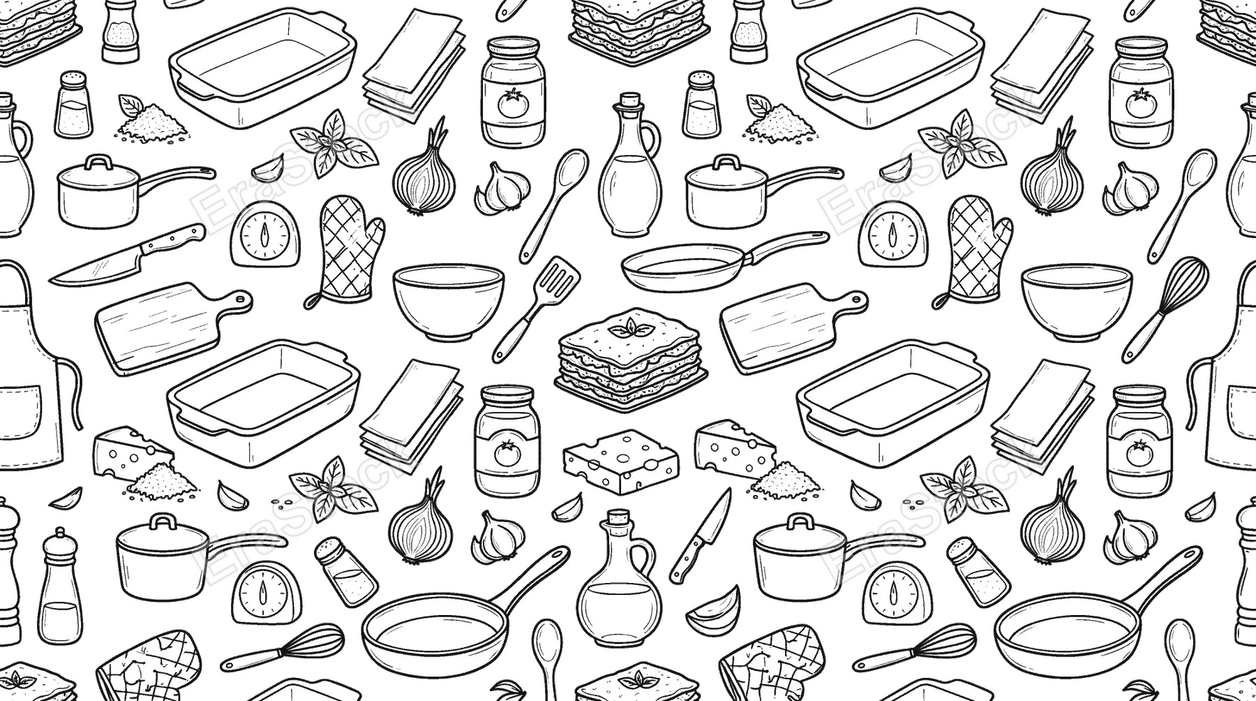 Lasagna cooking theme with homemade Italian comfort food feel, doodle objects including lasagna slice, baking dish, pasta sheets, tomato sauce, cheese blocks, grated cheese, basil