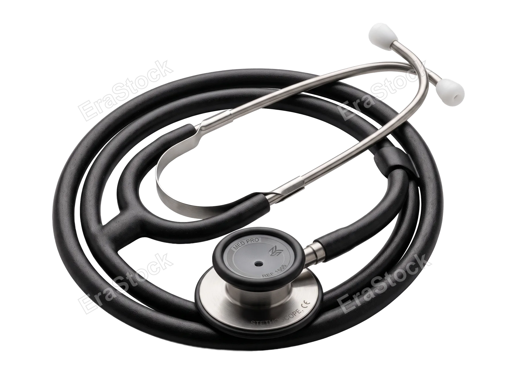 A high-quality medical stethoscope with a black tube and silver chestpiece is presented in a clean, isolated studio setting for easy use
