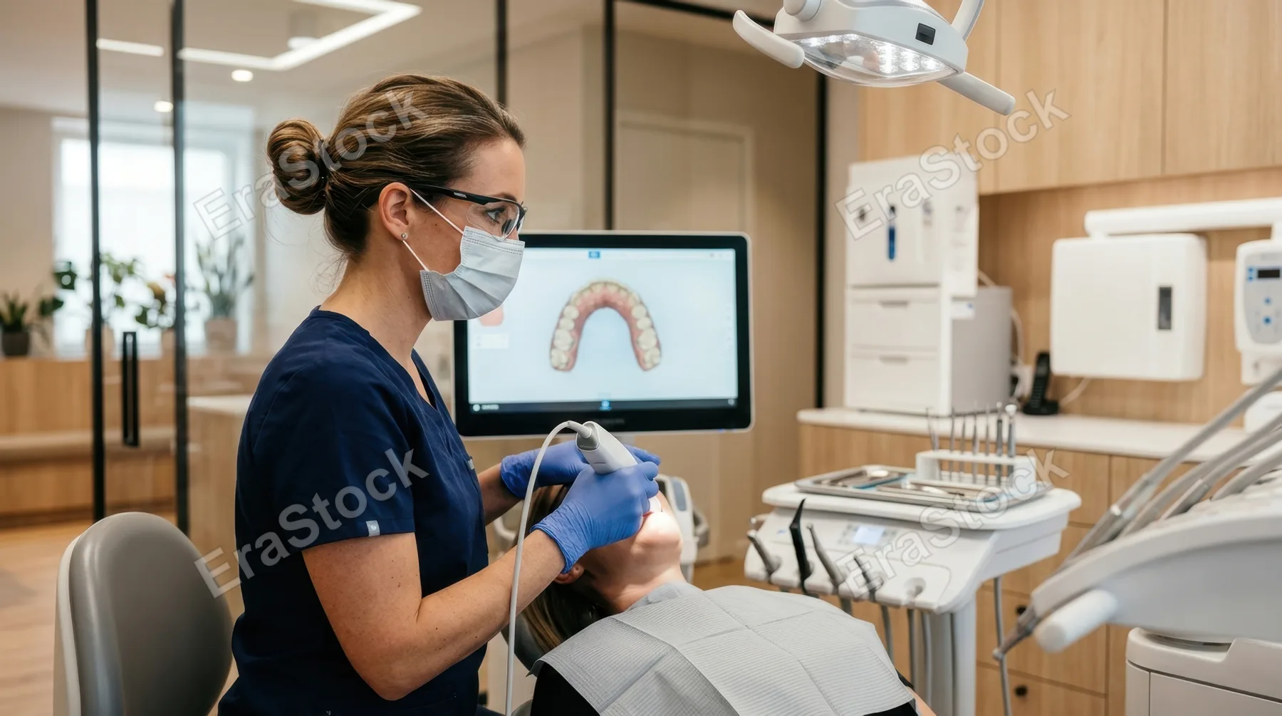 a dynamic side profile view of the orthodontist engaged with the intraoral scanner, revealing her concentration and the sleek modern dental office environment around her