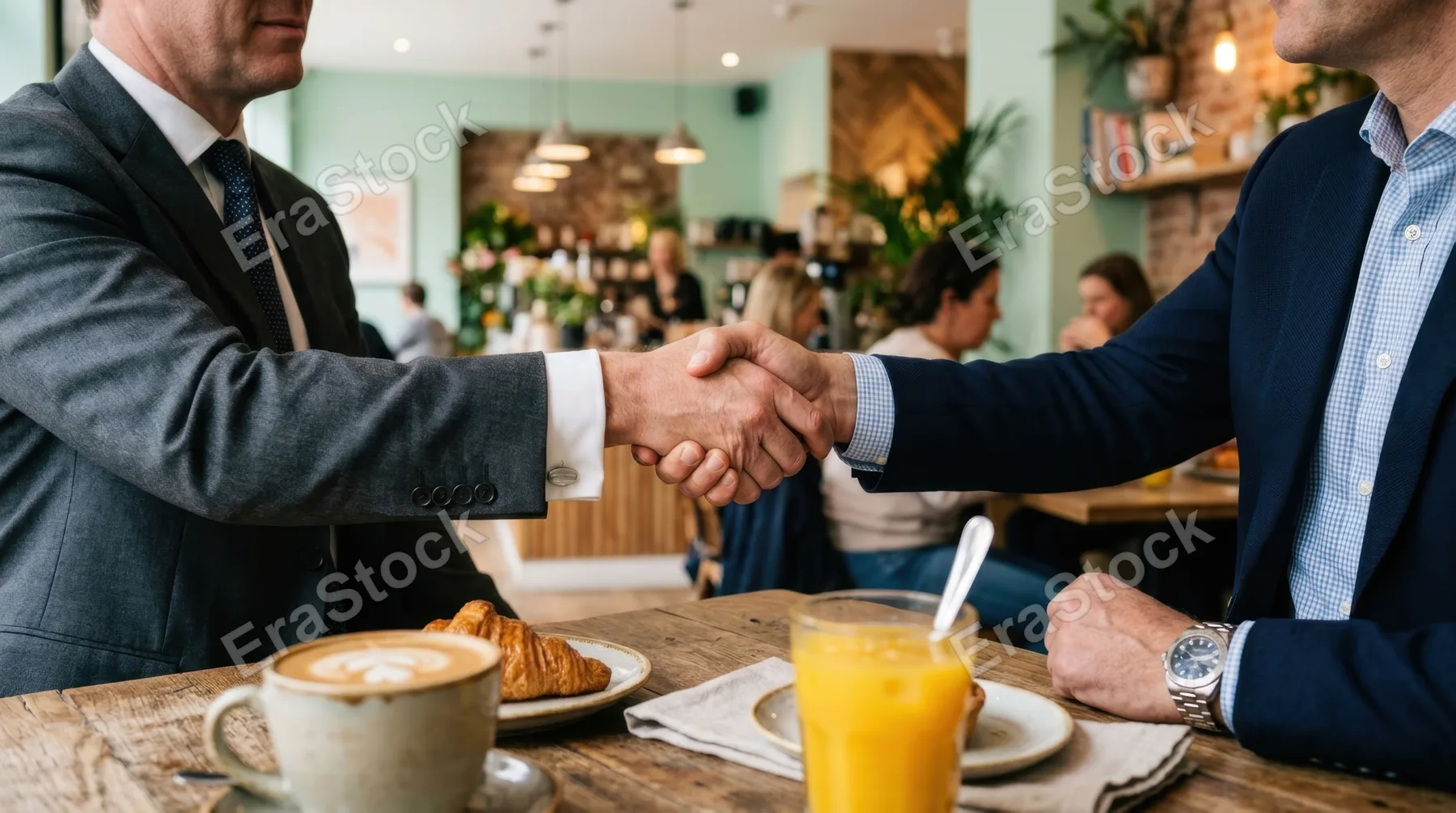 a close-up of the handshake between a caucasian male commercial real estate partner and an investor in a modern cafe, with elegant breakfast drinks in the foreground. the