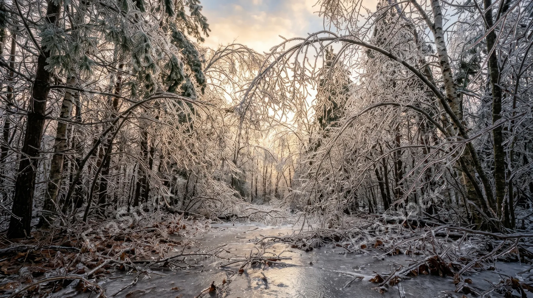 A winter forest after a freezing rain event, every branch twig and needle encased in a perfectly transparent ice sleeve, the forest transformed into a glass sculpture