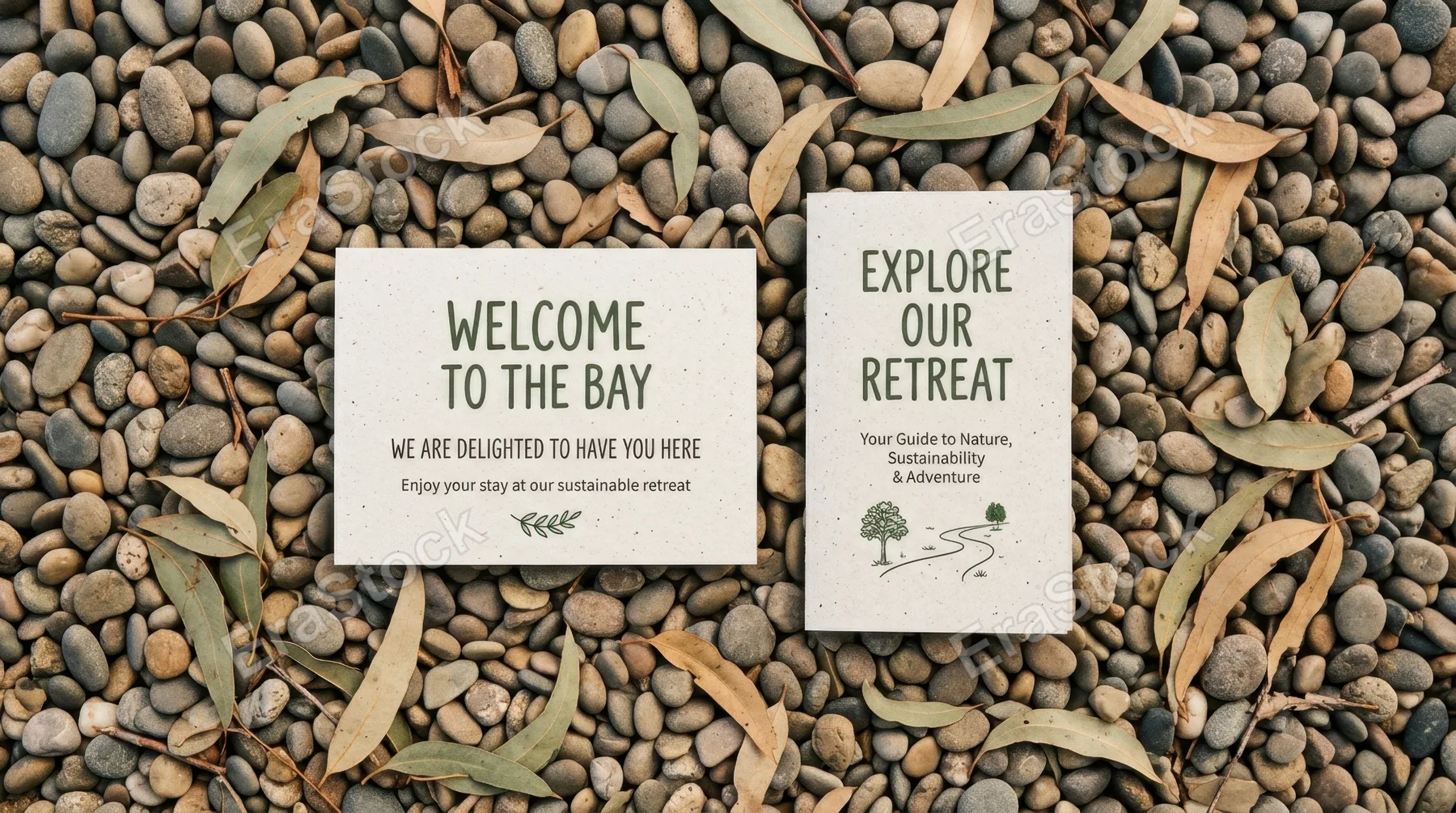 an overhead view captures the welcome card and brochure from above, symmetrically arranged on smooth pebbles with scattered eucalyptus leaves. the warm sunset colors and