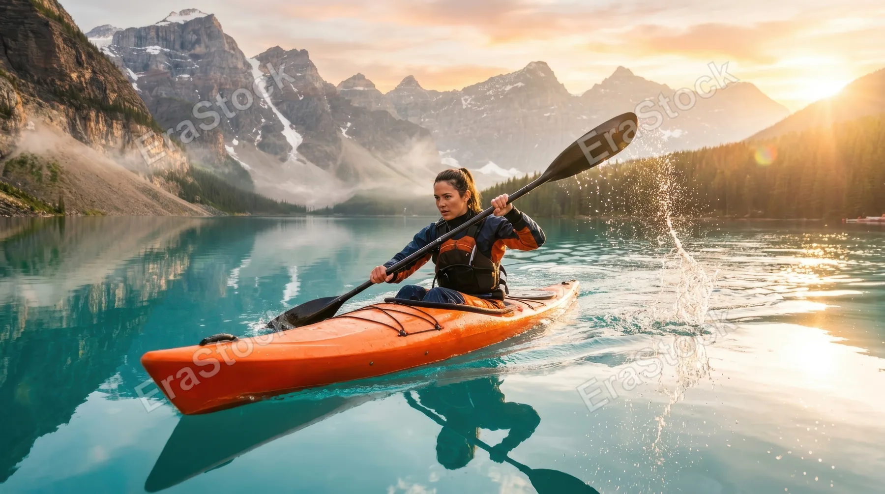Fit kayaker paddling through turquoise mountain lake at golden hour, water droplets spraying from paddle mid-stroke, wake rippling behind the vessel, misty peaks