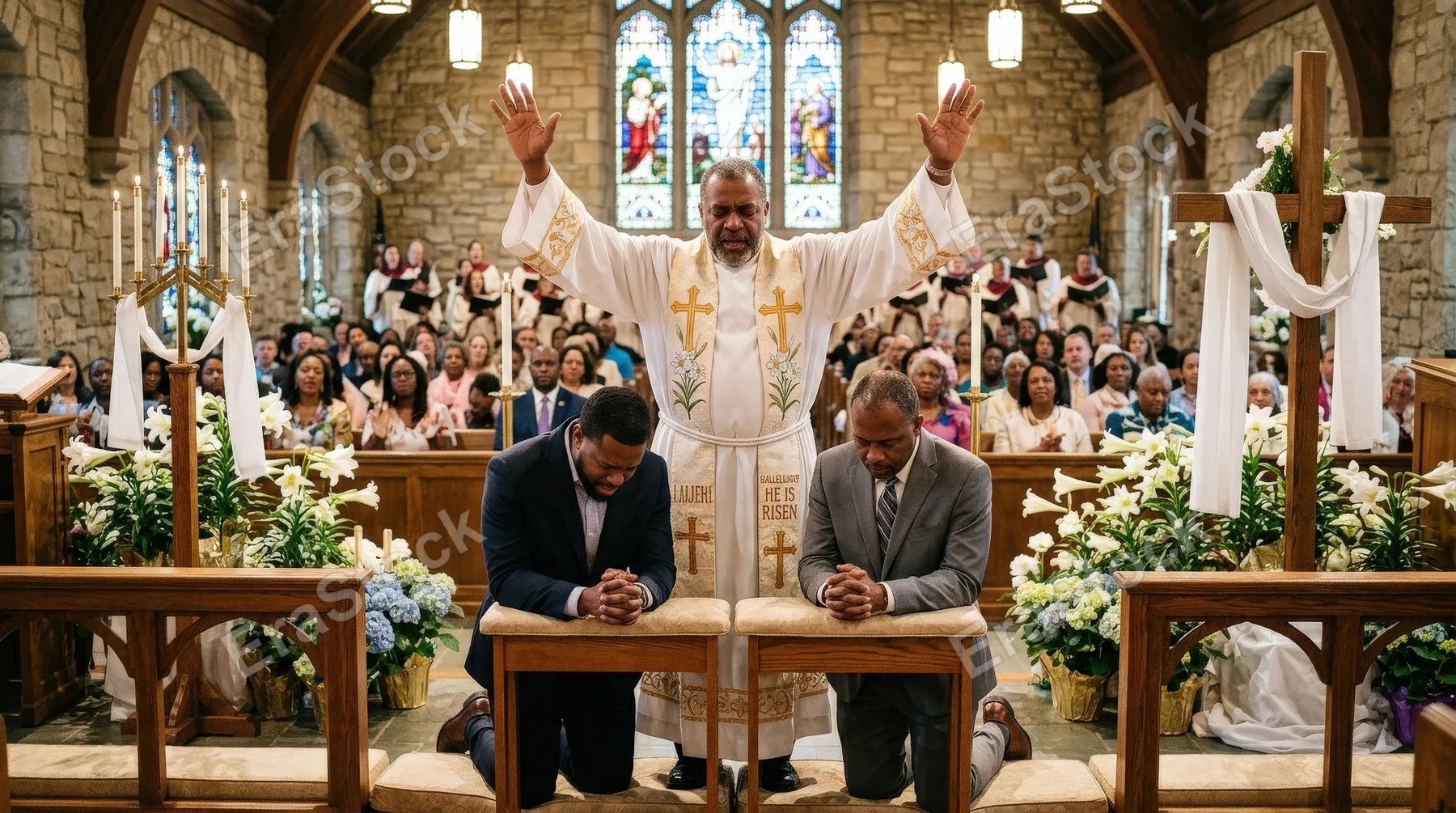 A pastor praying over two men in church during Easter service, hands raised in blessing, warm sanctuary light and a sacred communal atmosphere, ultra-realistic, no logos.