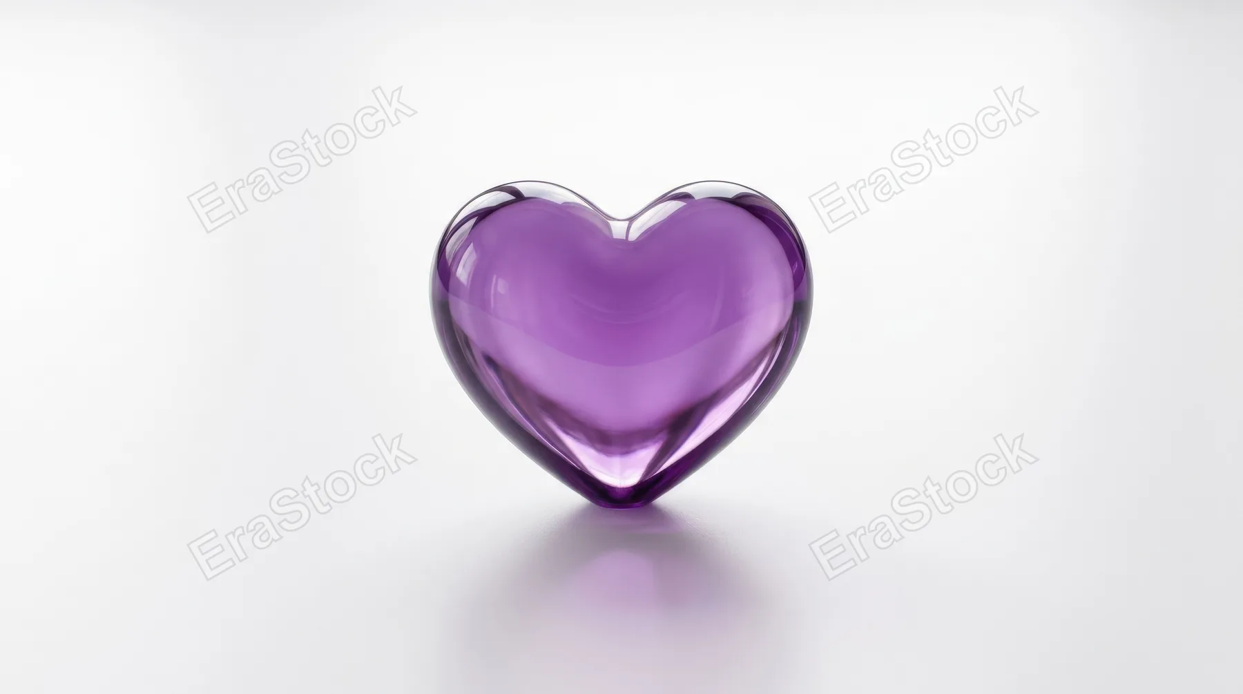 A purple translucent heart shape on a white background, smooth glossy surface, soft light and elegant romantic minimalism, ultra-realistic, no logos.