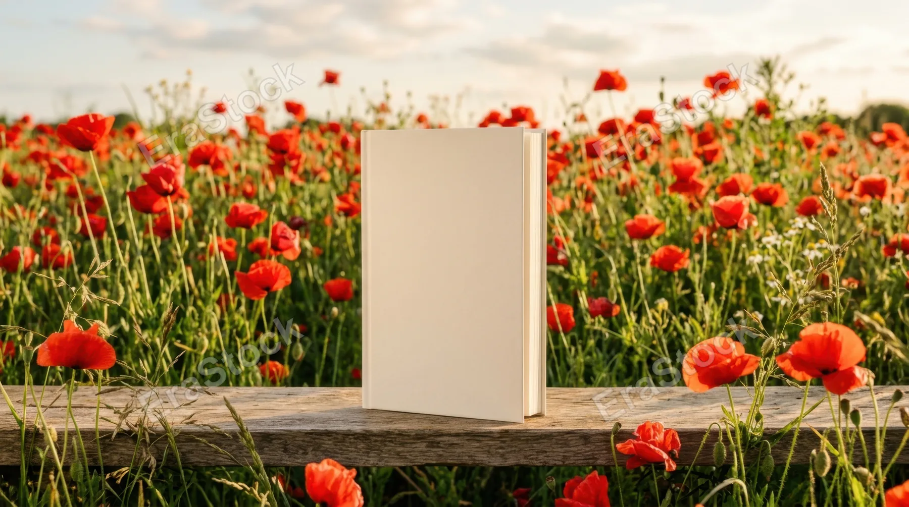 a bold and clean composition focusing prominently on the blank paperback cover, positioned in the center against a backdrop of vibrant red poppies. generous negative