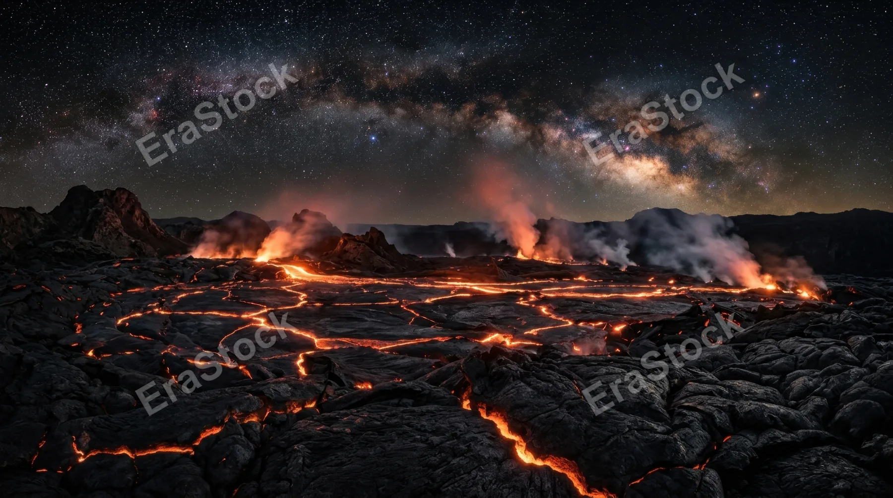 A volcanic lava field at night where fresh lava channels glow orange beneath a cracked black crust, steam vents releasing white plumes that catch the ambient red light,