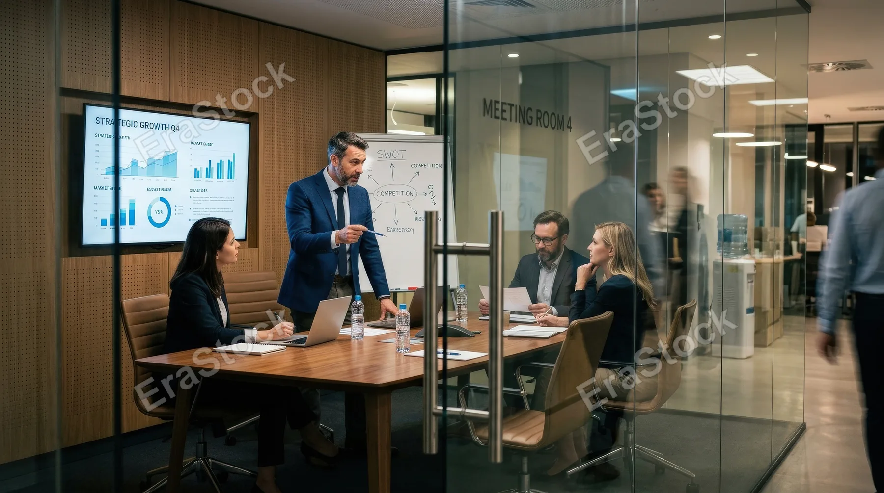 A male business expert planning strategies with colleagues seen through a transparent board room door, layered reflections, modern office design, focused executive mood, ultra-realistic, no logos.