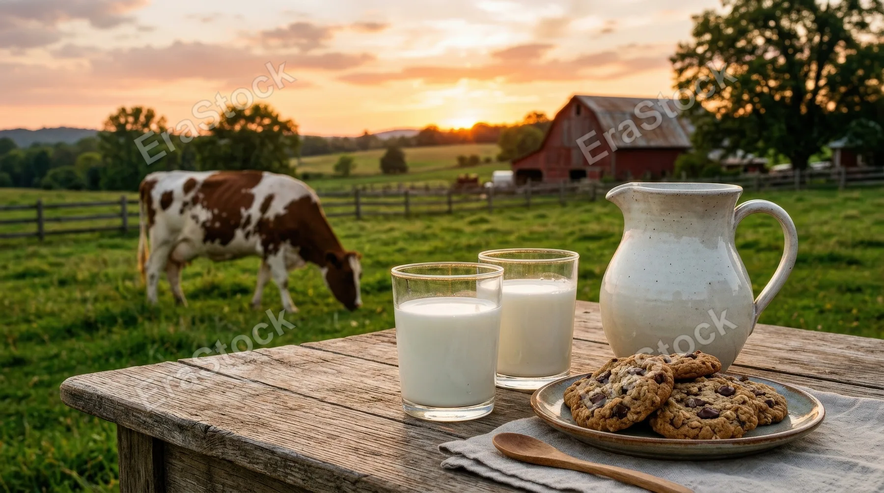 Fresh milk in glasses and a pitcher beside cookies on a wooden table, a cow grazing in the background at sunset, warm rural light and wholesome farm atmosphere, ultra-realistic, no logos.