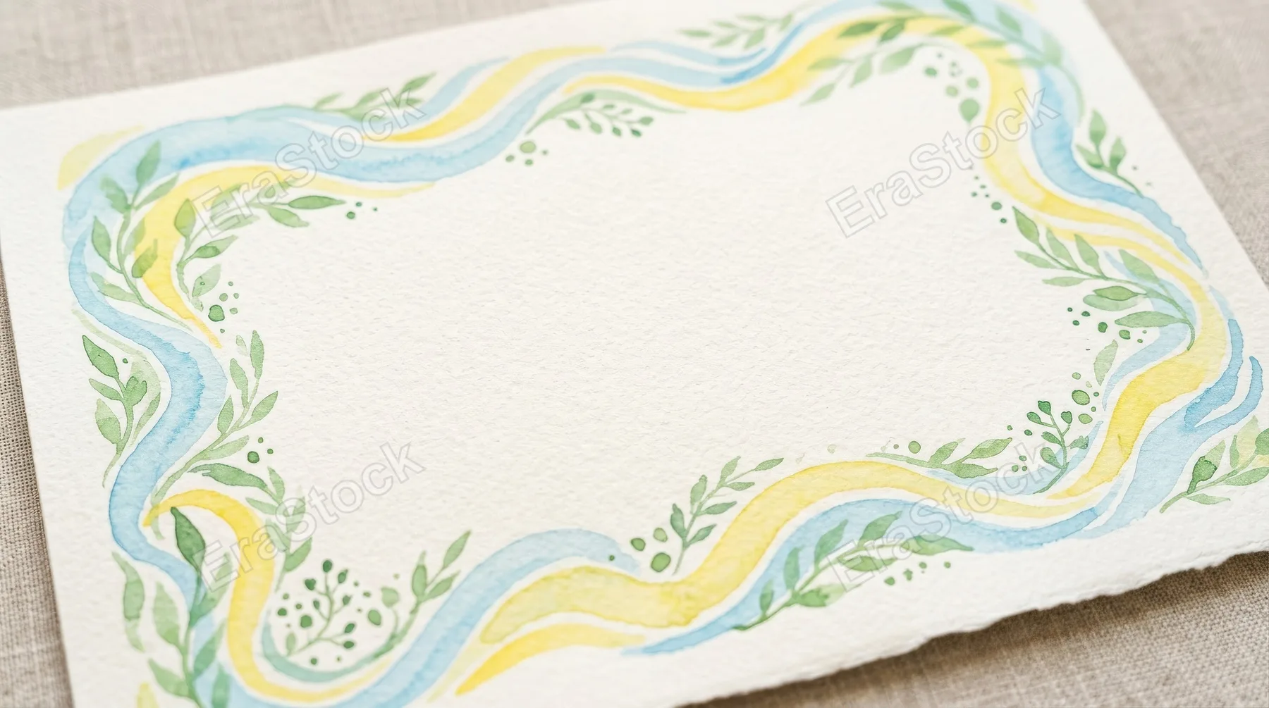 Whimsical watercolor background frames with light blue and yellow wave stripes and green accents, airy pastel borders and hand-painted softness, cheerful refined mood for festive paper goods,