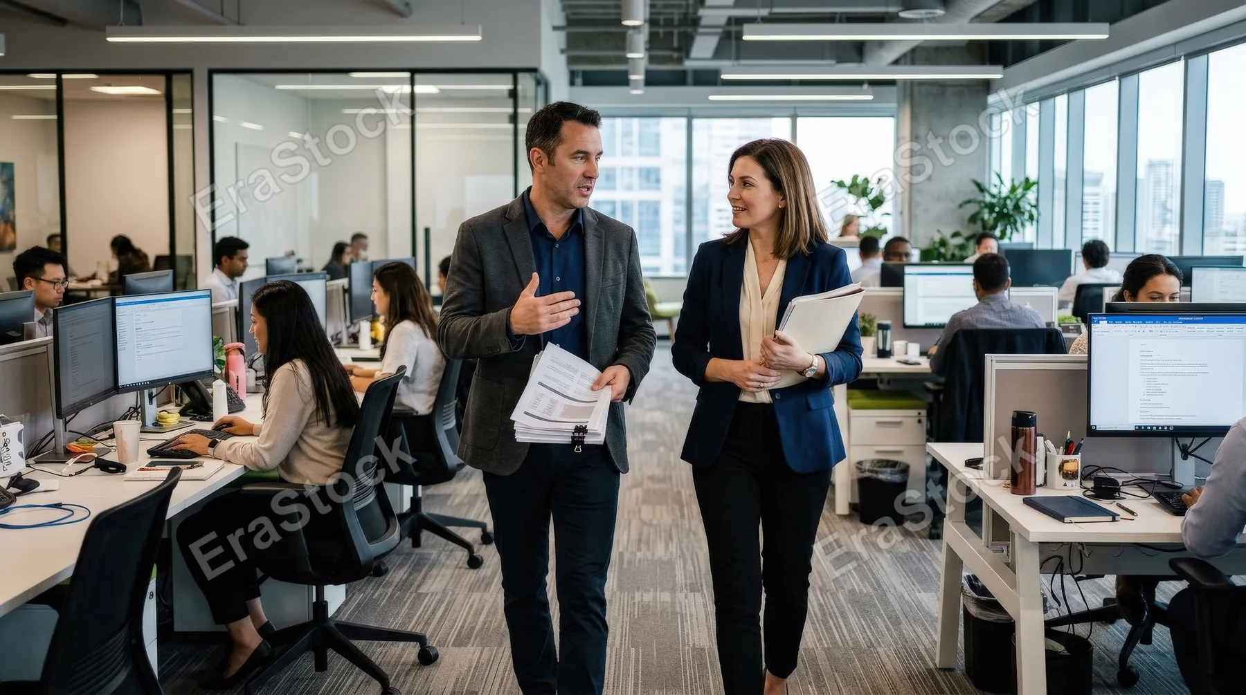 Male and female business experts talking while walking between office desks, modern workspace, documents in hand, dynamic corporate communication, ultra-realistic, no logos.