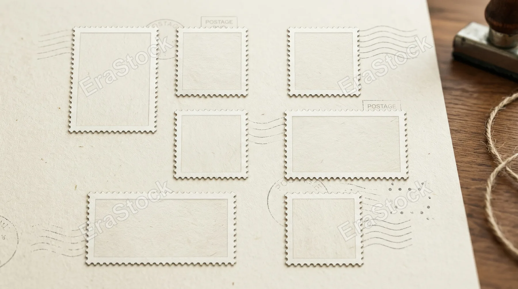A blank postage stamp icon set with rectangle and square perforated borders, clean mockup frames and postal design detail, ultra-realistic, no logos.