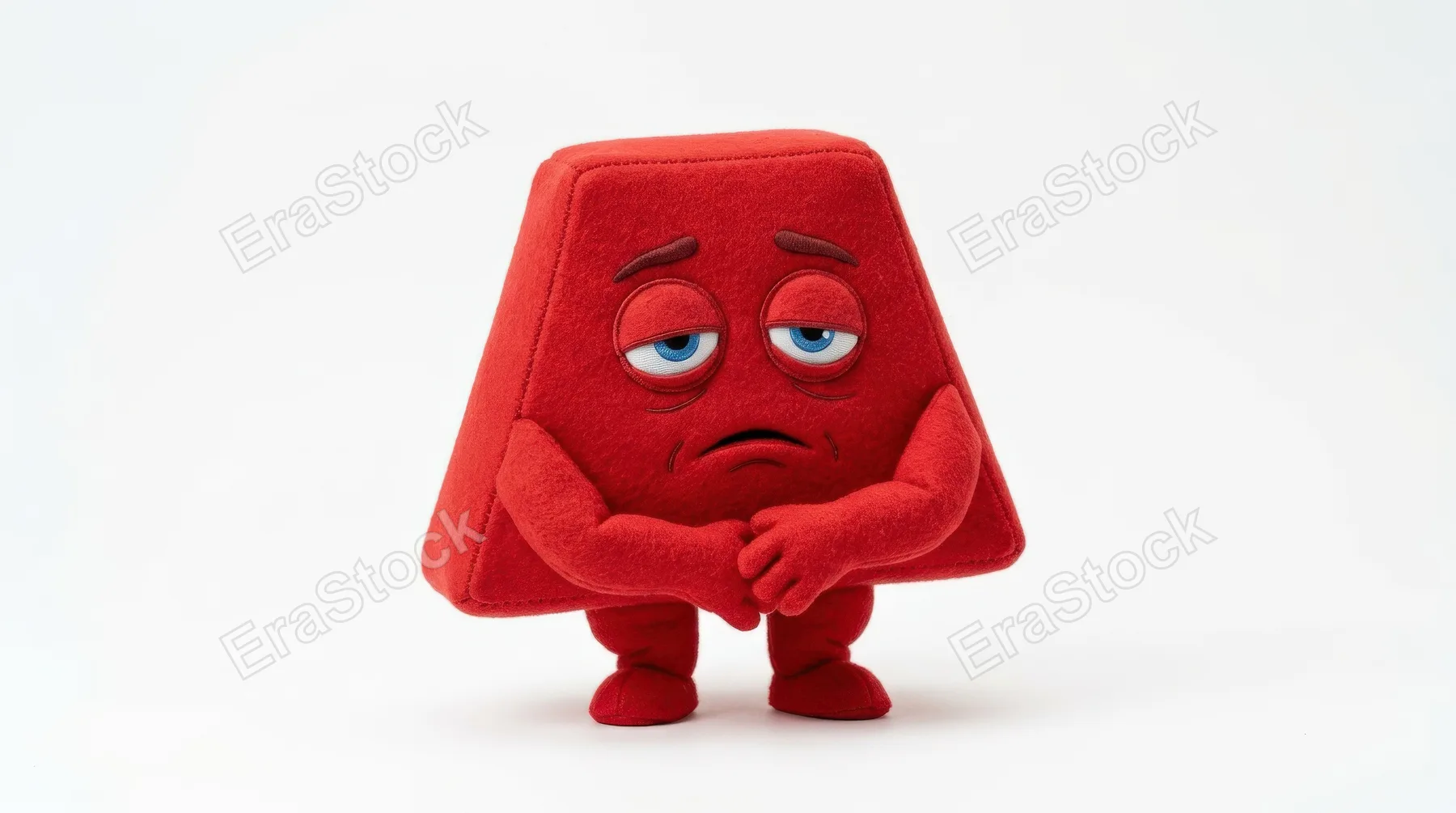 A sleepy red trapezoid mascot with narrowed blue eyes and a tired face, smooth geometric form, clean white backdrop, humorous expressive mood, ultra-realistic, no logos.