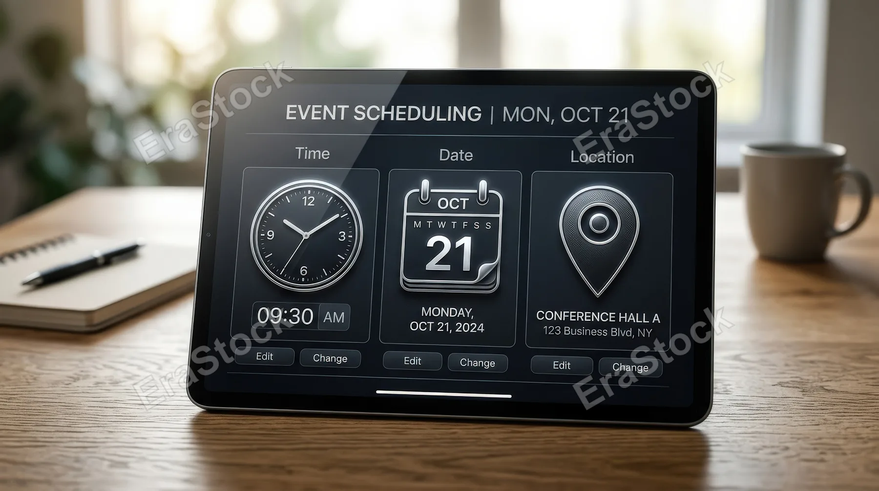 A time, date, and location icon set with editable outlines, clock, calendar, and map pin symbols, clean scheduling layout, modern functional style, ultra-realistic, no logos.