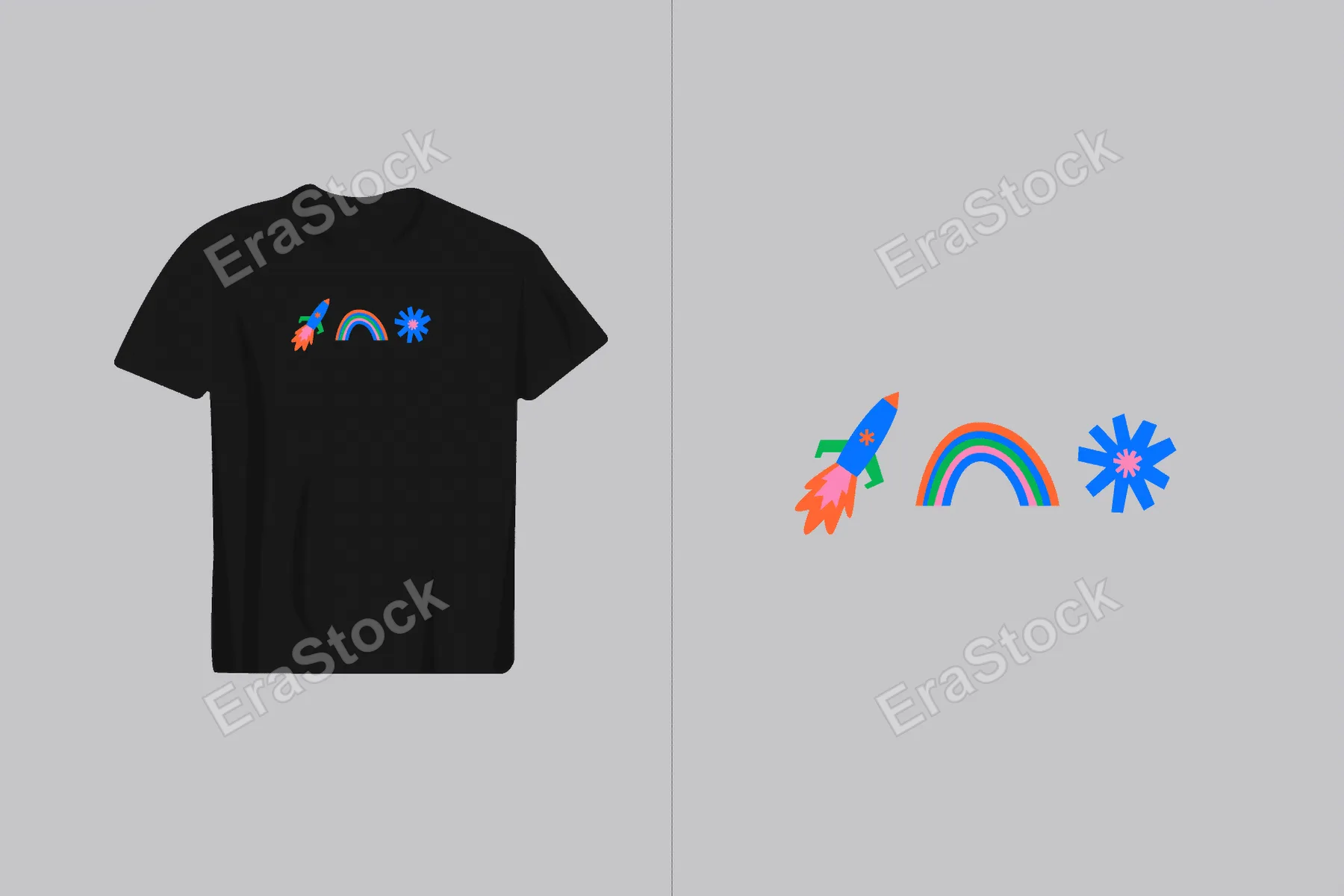 A black t-shirt displays a playful graphic featuring a rocket, a rainbow, and a star in vibrant colors, perfect for kids' apparel