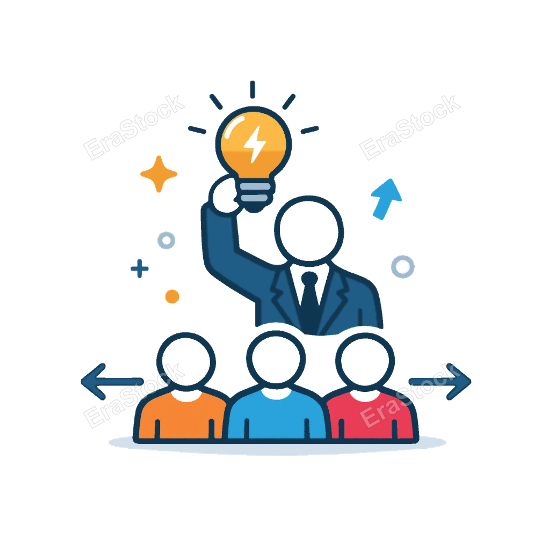 Strategic leadership and team management focused on vision and decision making in an organization, a human figure holding a lightbulb above a small group representing