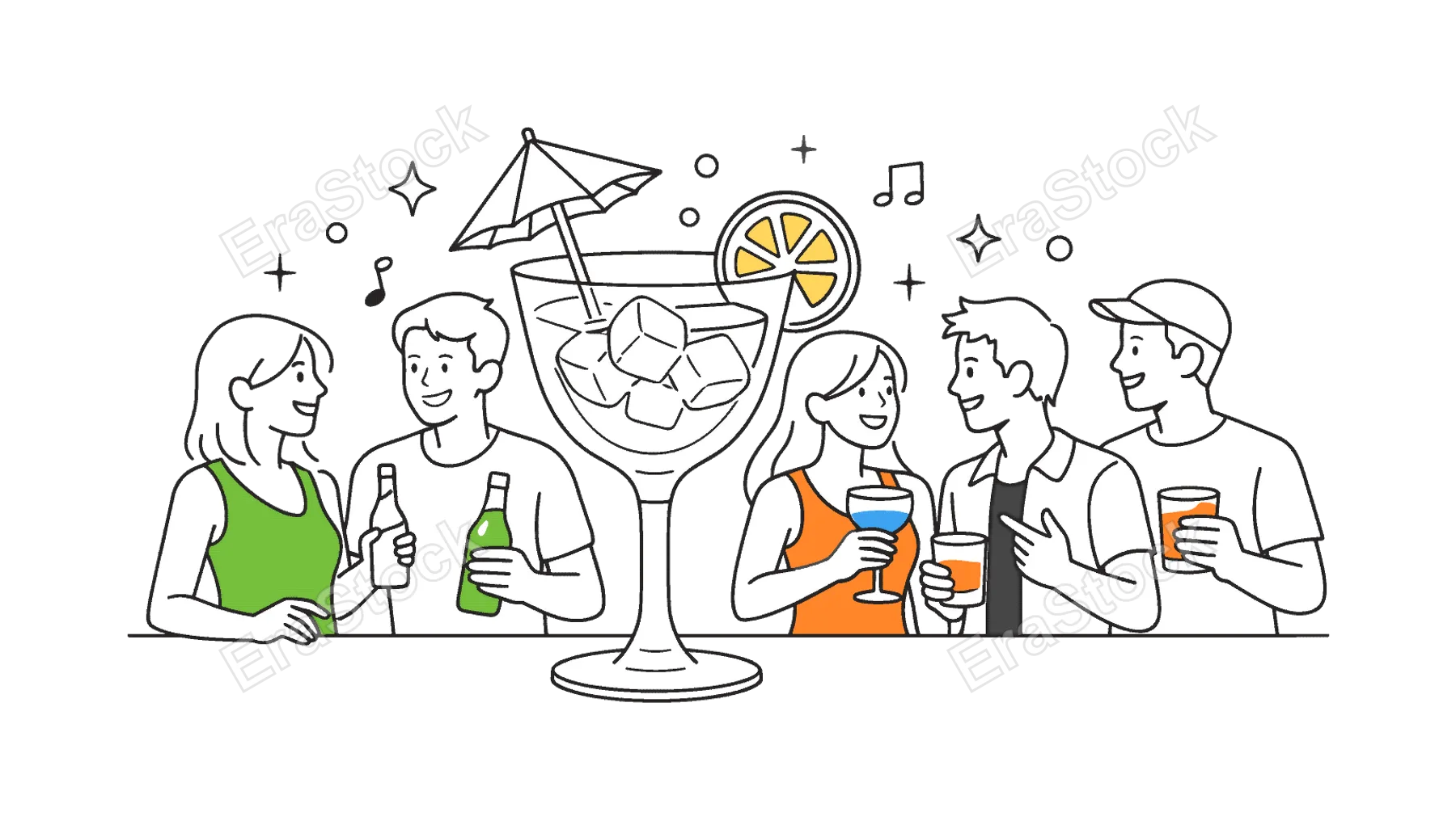 A modern hospitality and nightlife scene where people enjoy drinks while socializing in a relaxed environment, illustrated through a visual metaphor of a cocktail glass, small