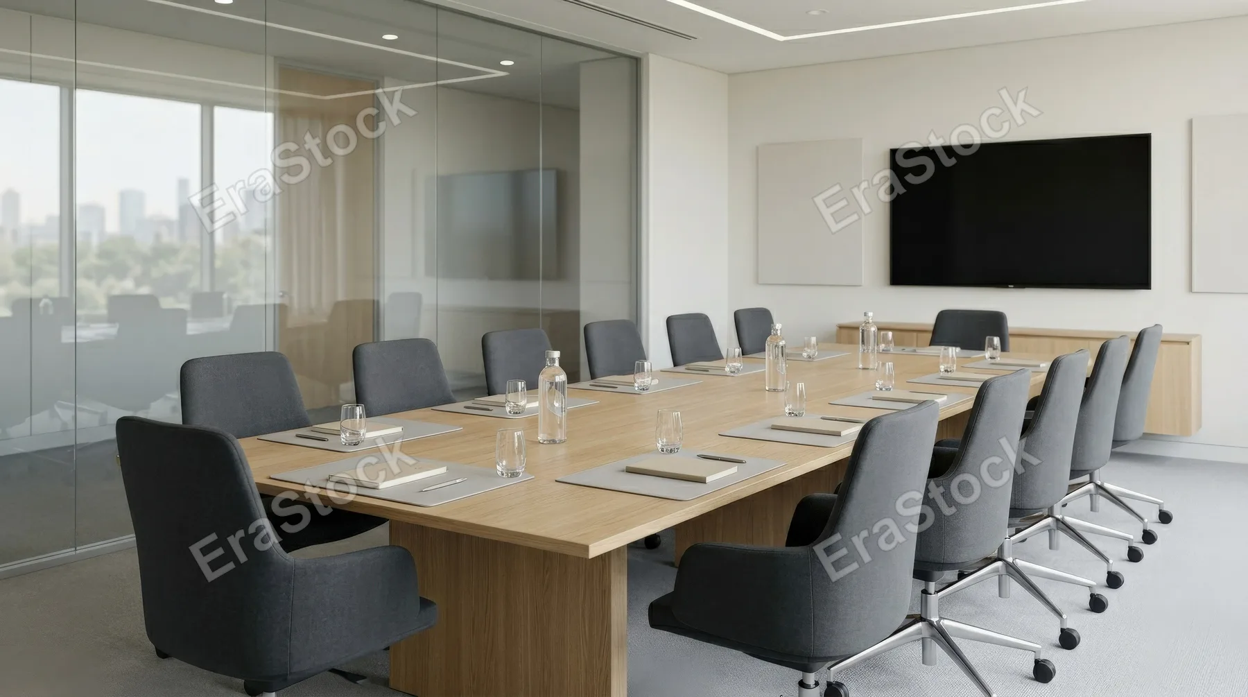 Neatly arranged chairs surrounding a table in an office meeting room, minimalist interior, clean lines, soft even lighting, quiet anticipatory corporate atmosphere, ultra-realistic, no logos.