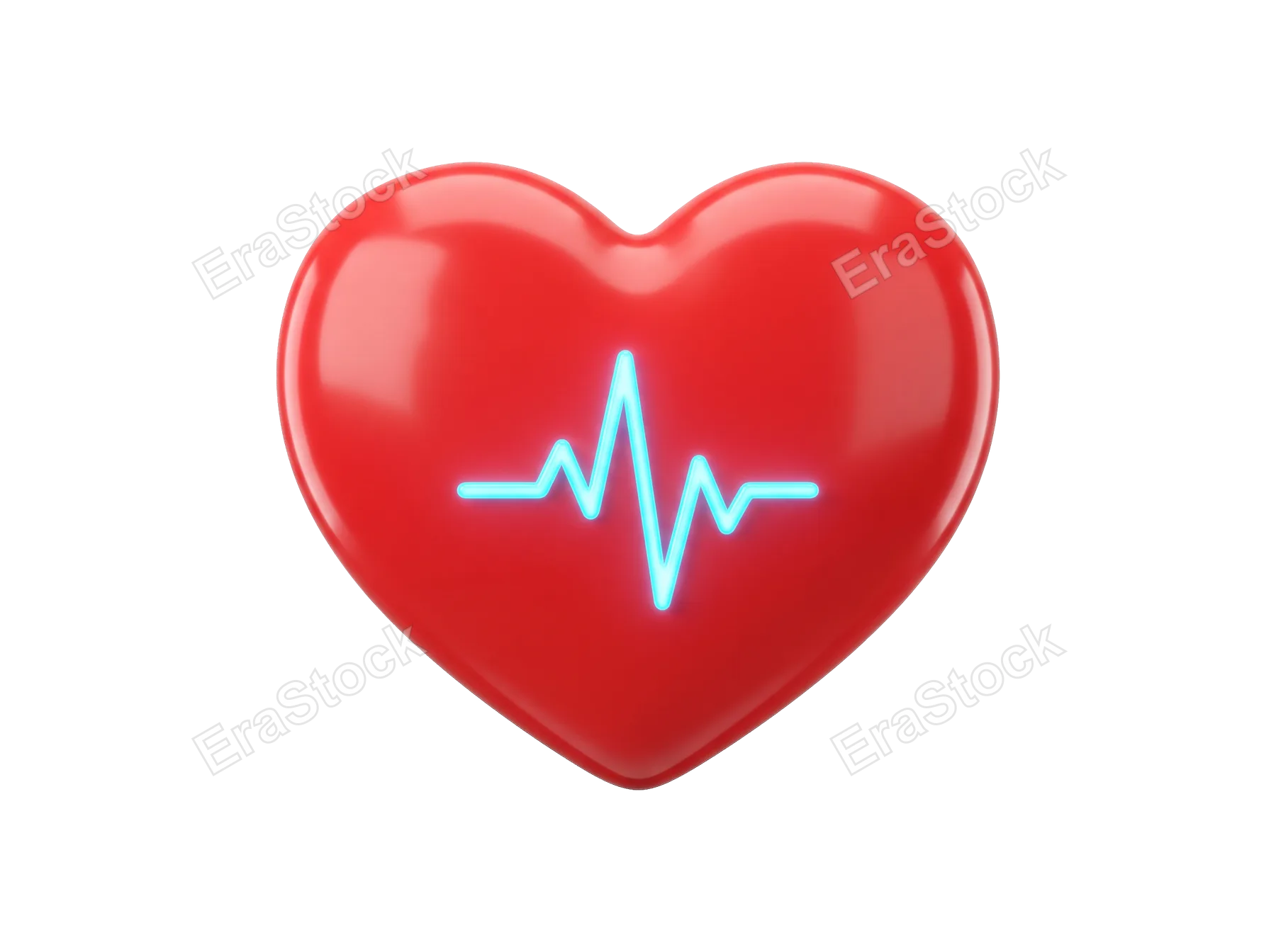 A vibrant red heart shape features a bright blue neon electrocardiogram pulse, representing vitality and medical care