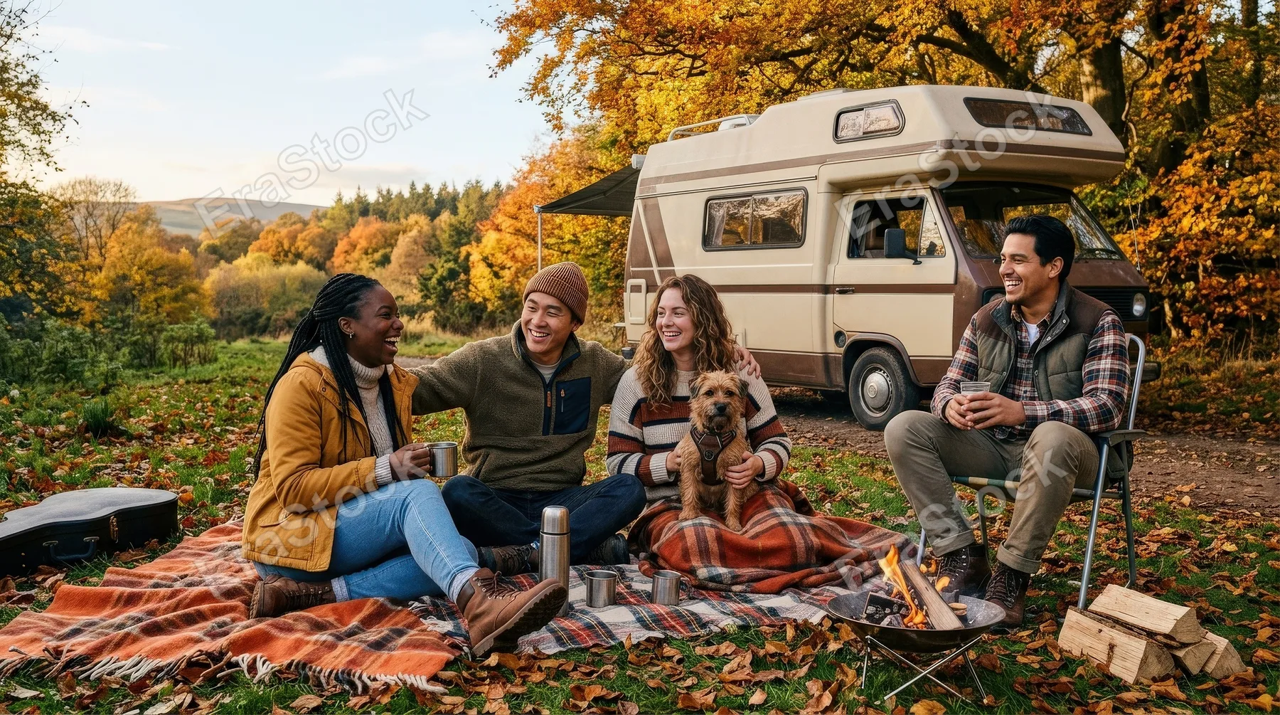 A diverse group of cheerful young friends with a cute dog by a motorhome during an autumn camping trip, cozy blankets, golden leaves, countryside backdrop, relaxed weekend adventure mood,