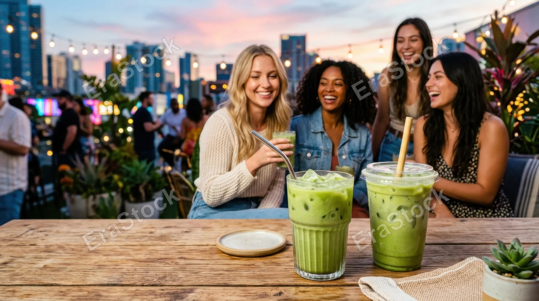 a graphic composition emphasizes the iced matcha cups placed prominently on the rooftop table, styled against a backdrop of dynamic colors and engaging faces of the