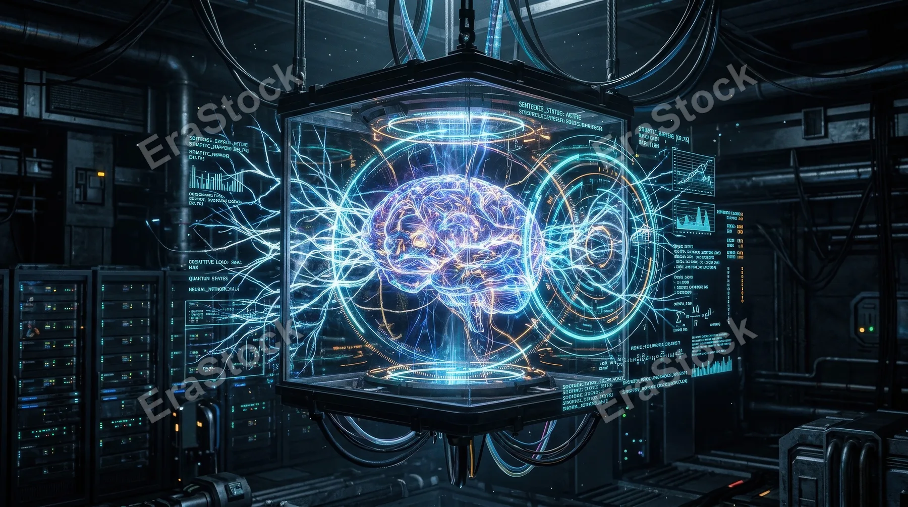 A futuristic AGI digital brain suspended in a dark tech environment, layered HUD data rings and luminous neural pathways surrounding it, powerful intelligent atmosphere, ultra-realistic, no logos.