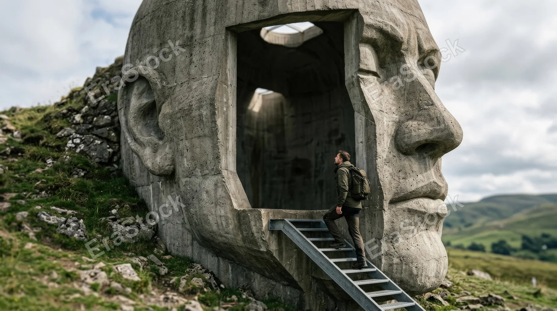 A man climbing stairs into a giant human head sculpture, monumental facial outline, open interior space, soft directional light, atmosphere of exploring thought and inner awareness, ultra-realistic,